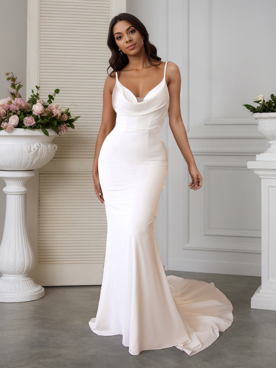 Cicinia Robe de Mariée Sirène Encolure Boule à Bretelles Spaghetti Traîne Balayée