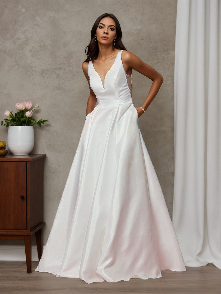 Cicinia Robe de Mariée Longue en Satin sans Manches A-Line Décolleté en V à Jupe Évasée