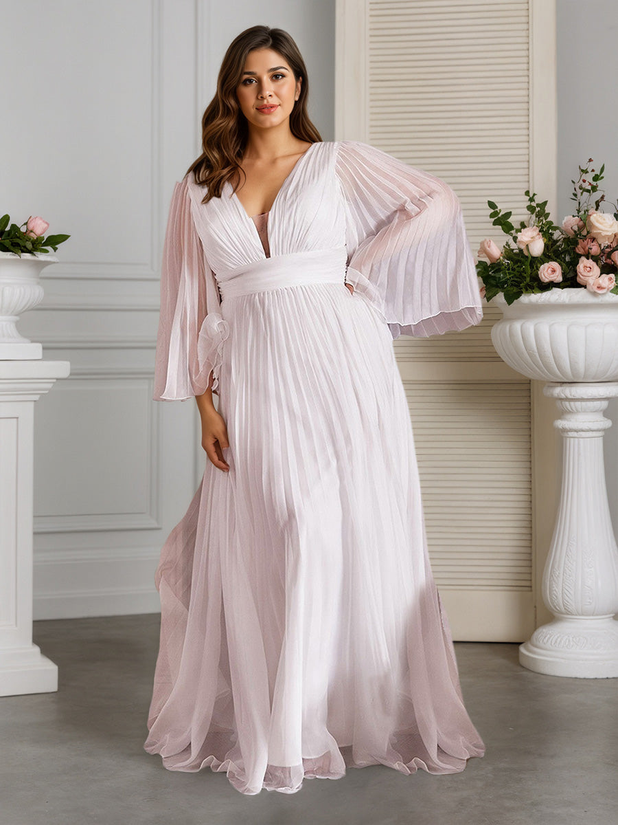 Cicinia Ivoire Robe de Mariée A-Line Fluide à Manches Cloche Décolleté en V Plongeant