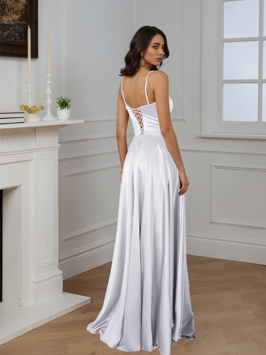 Cicinia Robe de Mariée A-Line en Satin Doux à Bretelles Spaghetti Décolleté Cœur avec Fente