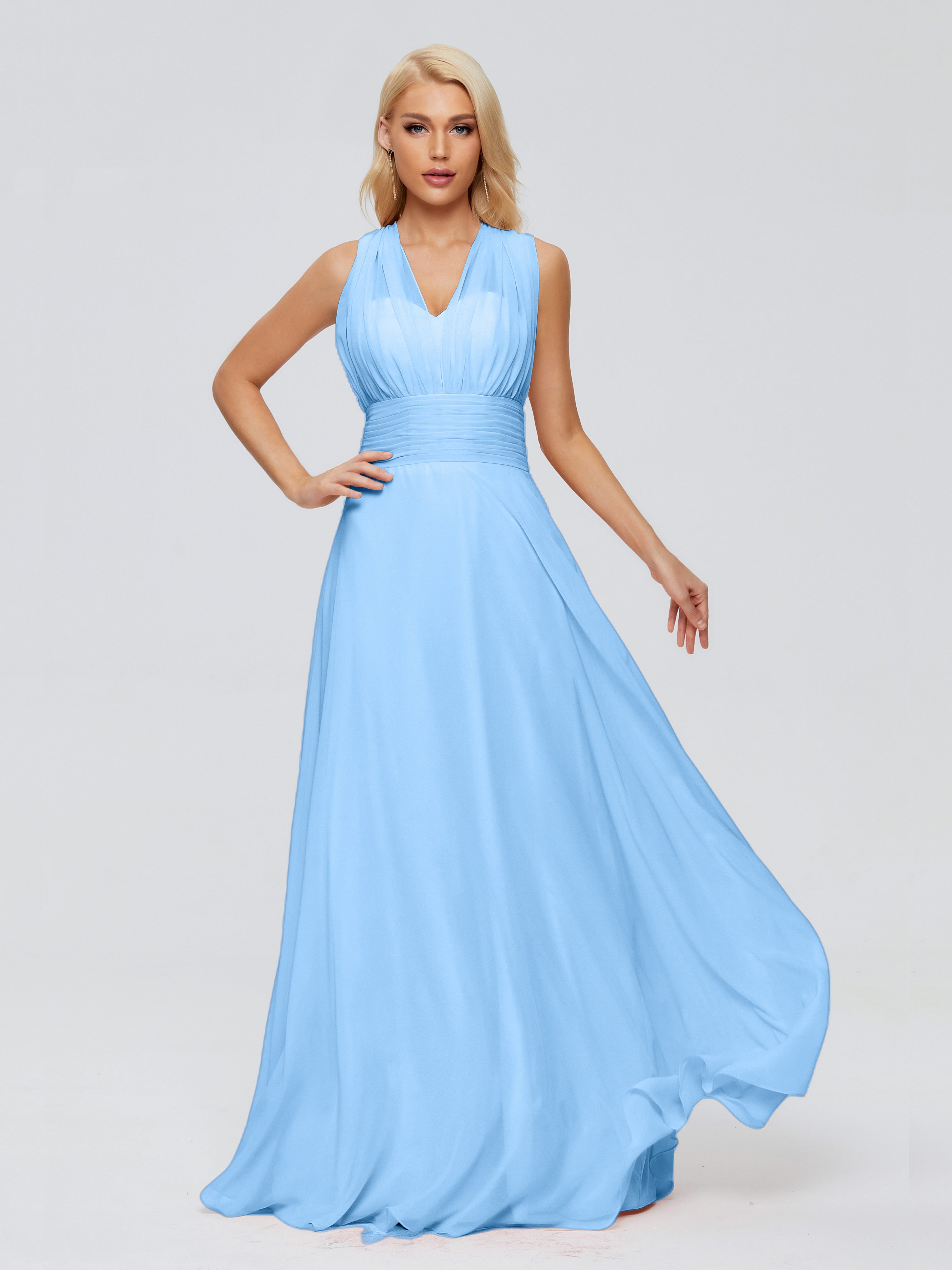 Demoiselle D Honneur Bleu Trapèze Bretelle Ruban Mousseline Robes Demoiselle D'Honneur