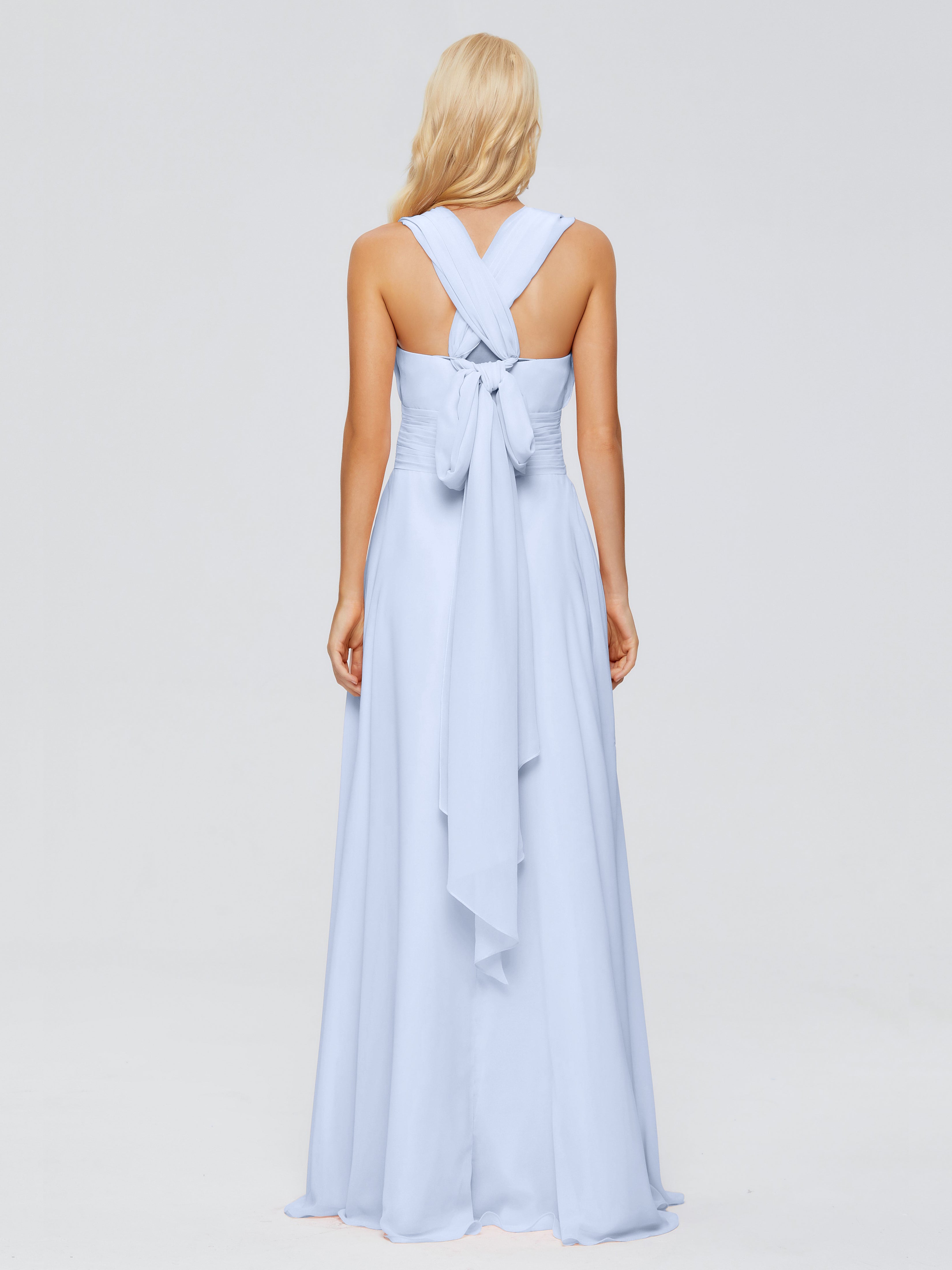 Robe Longue Bleu Ciel Demoiselle D Honneur Trapèze Bretelle Ruban Mousseline Robes Demoiselle D'Honneur