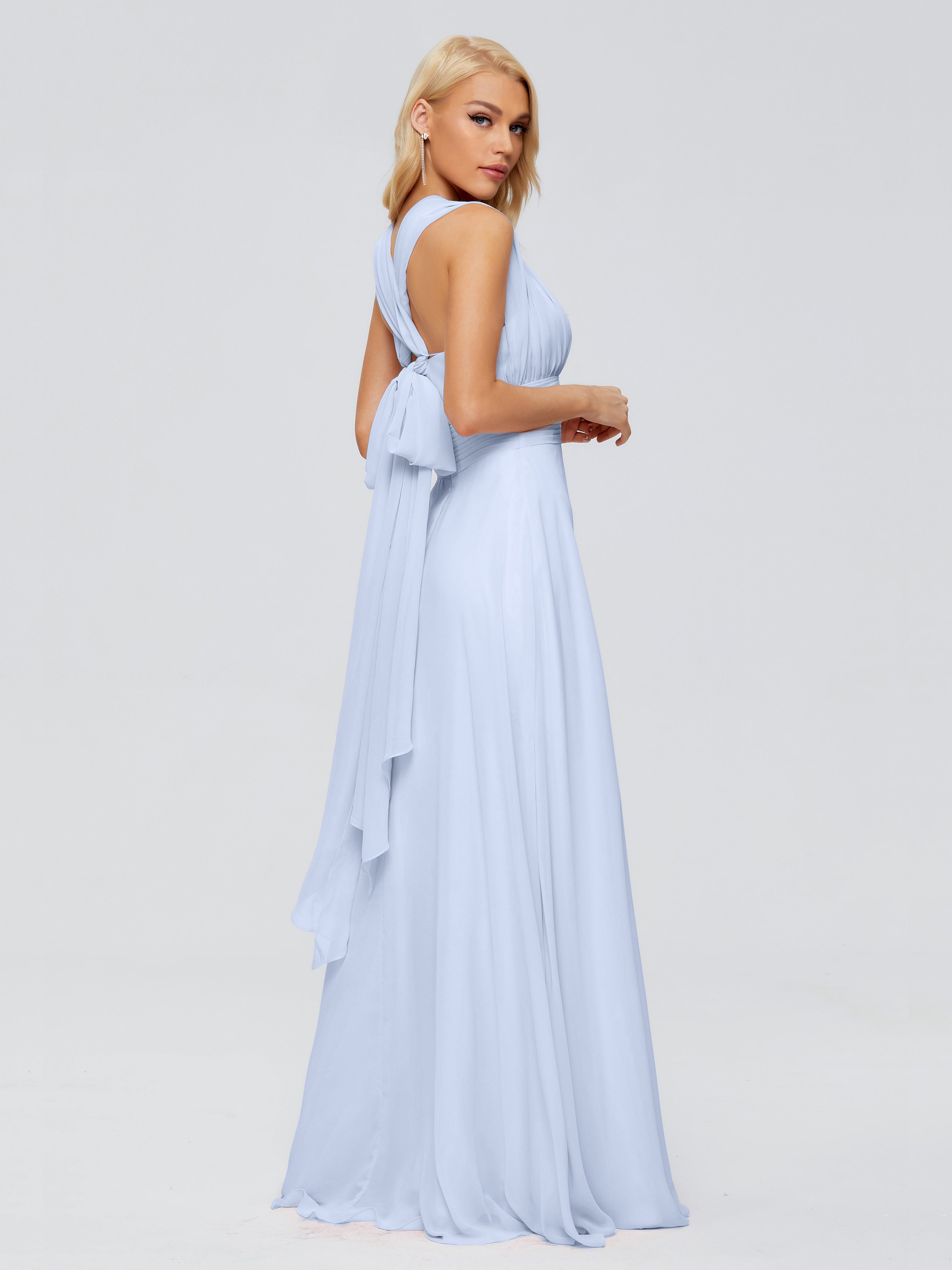 Robe Longue Bleu Ciel Demoiselle D Honneur Trapèze Bretelle Ruban Mousseline Robes Demoiselle D'Honneur