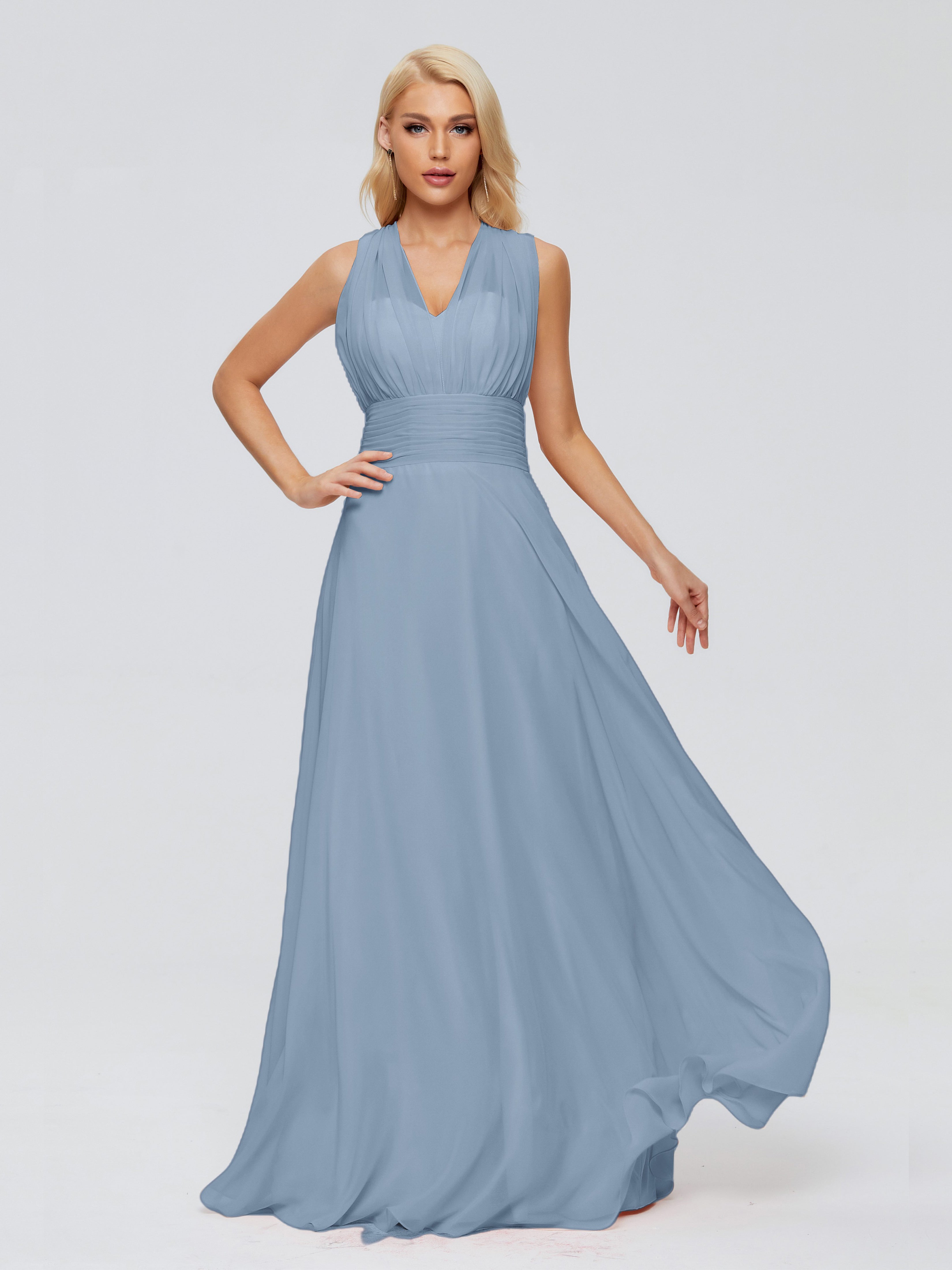 Robes De Demoiselle D'Honneur Bleu De Schiste Trapèze Bretelle Ruban Mousseline Robes Demoiselle D'Honneur