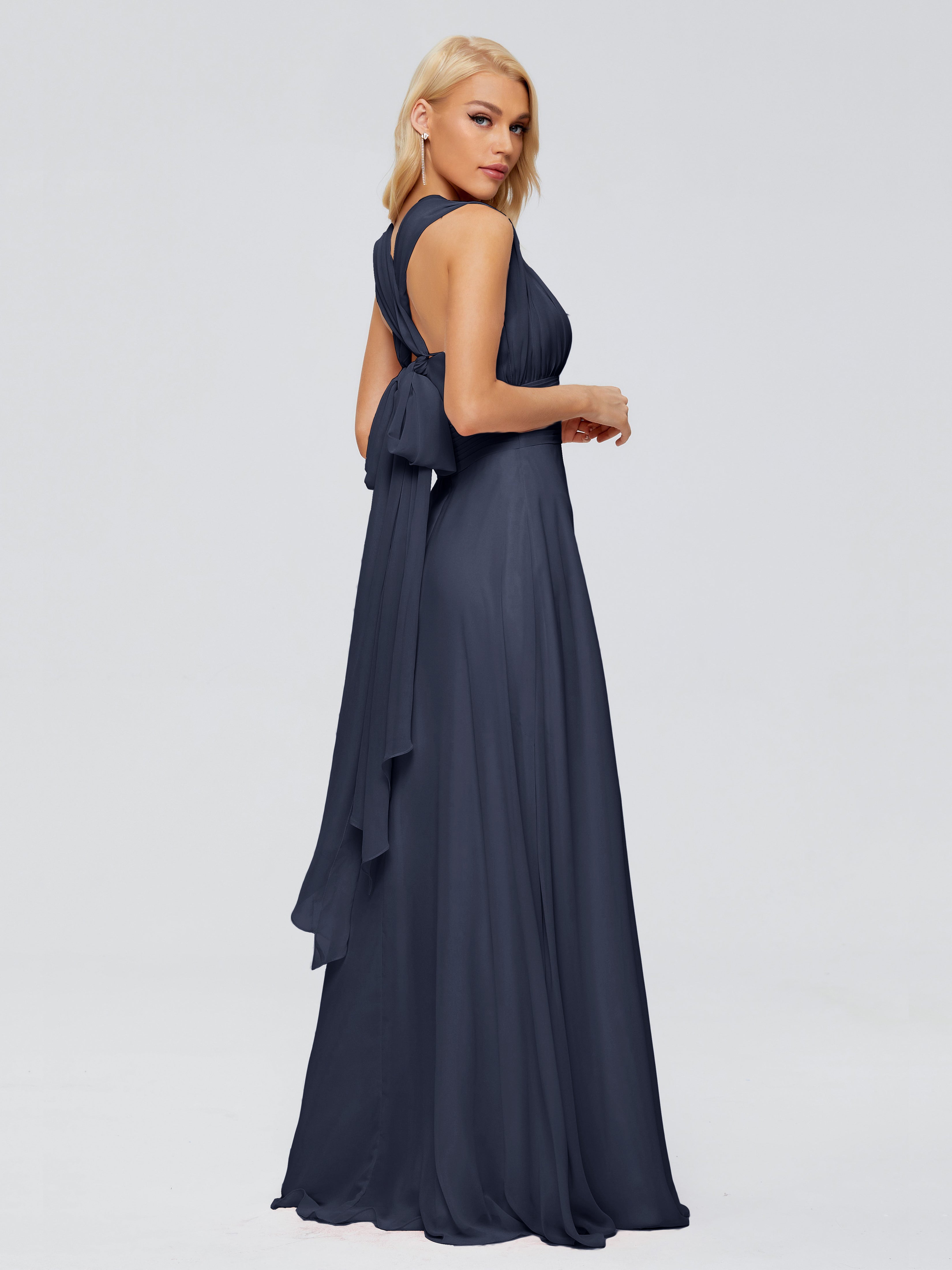 Robe Demoiselle D Honneur Bleu Marine Trapèze Bretelle Ruban Mousseline Robes Demoiselle D'Honneur