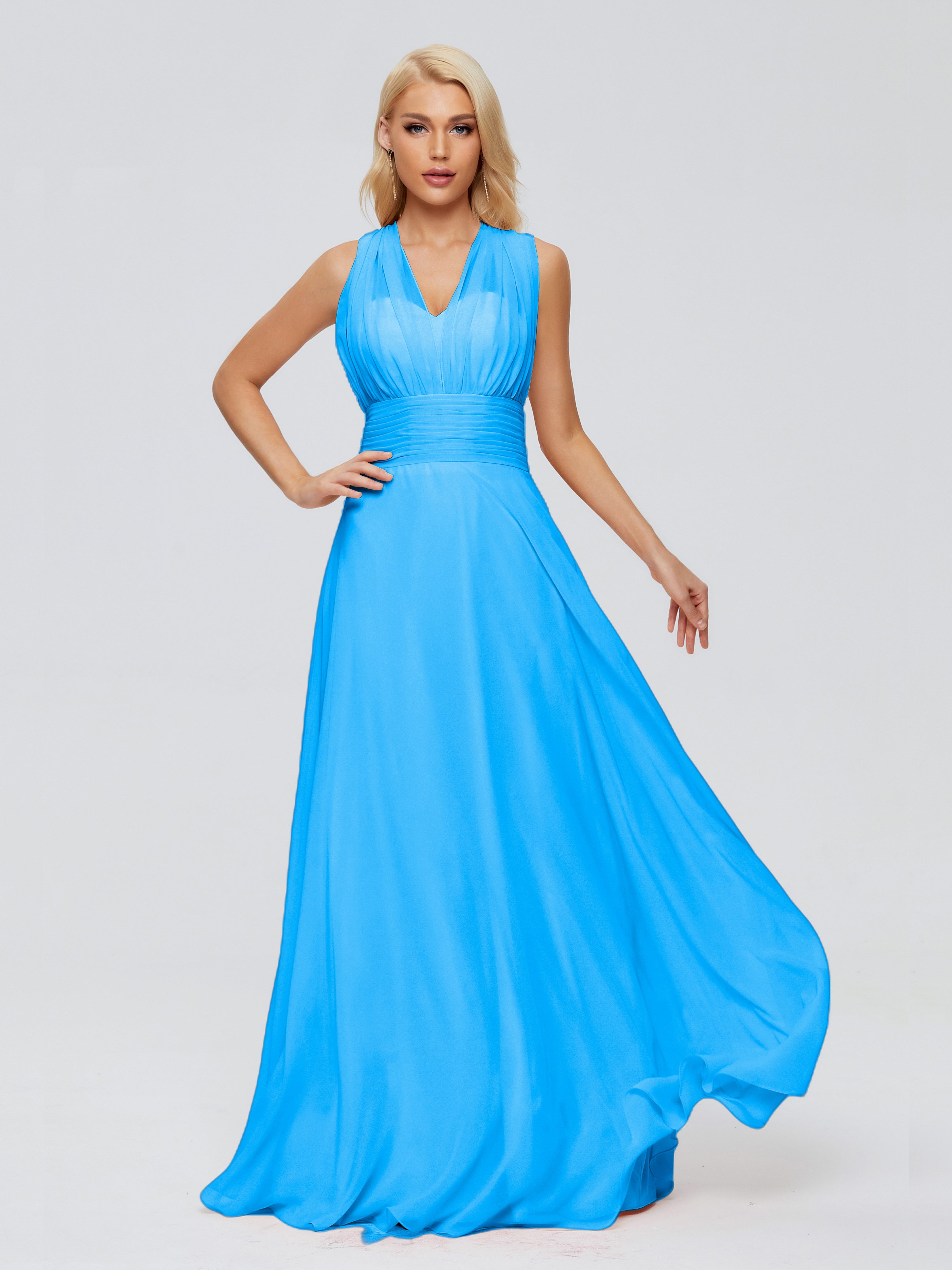 Robes De Demoiselle D'Honneur Bleu Océan Trapèze Bretelle Ruban Mousseline Robes Demoiselle D'Honneur