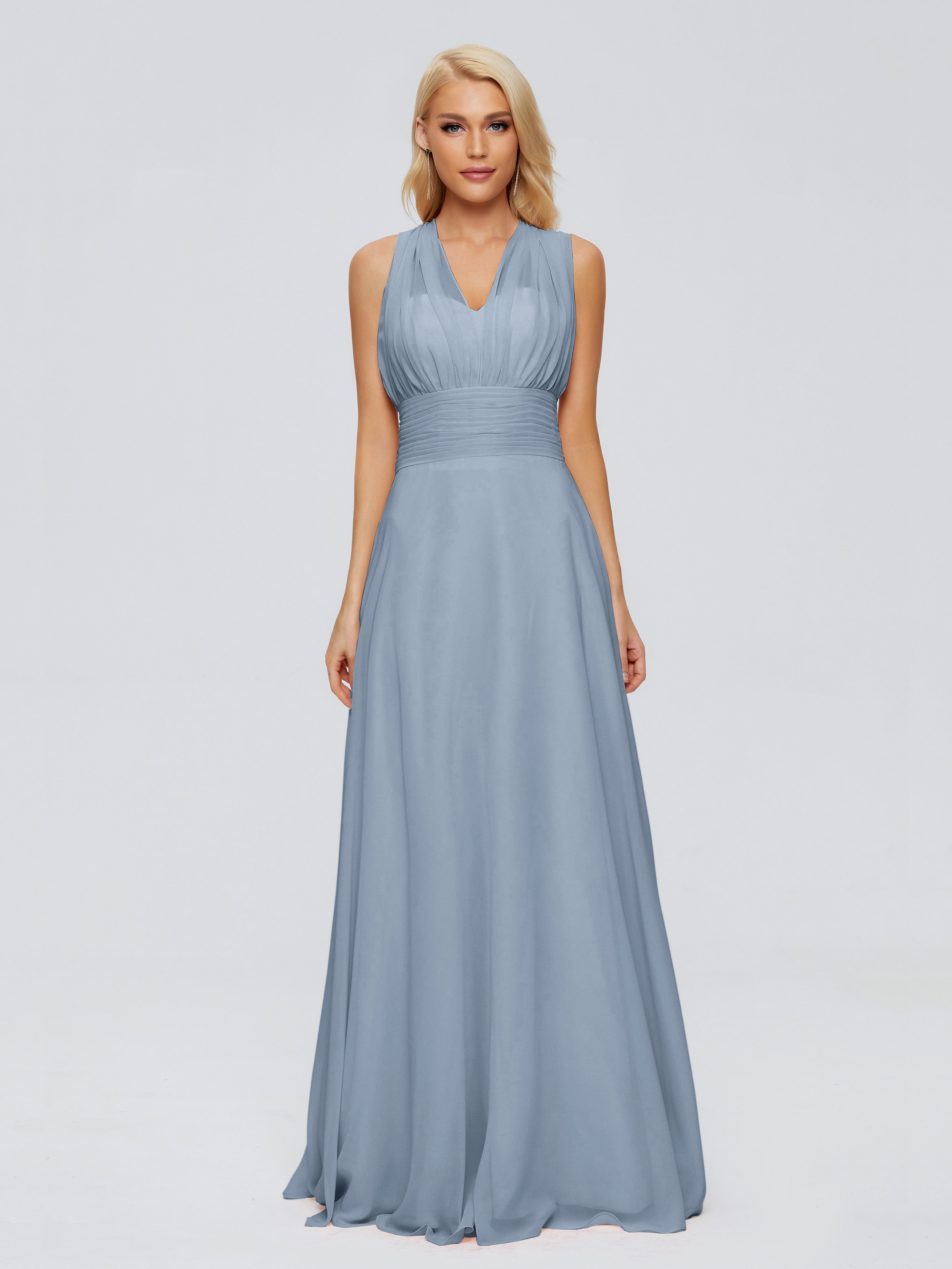 Robes De Demoiselle D'Honneur Bleu Poussiéreux Trapèze Bretelle Ruban Mousseline Robes Demoiselle D'Honneur