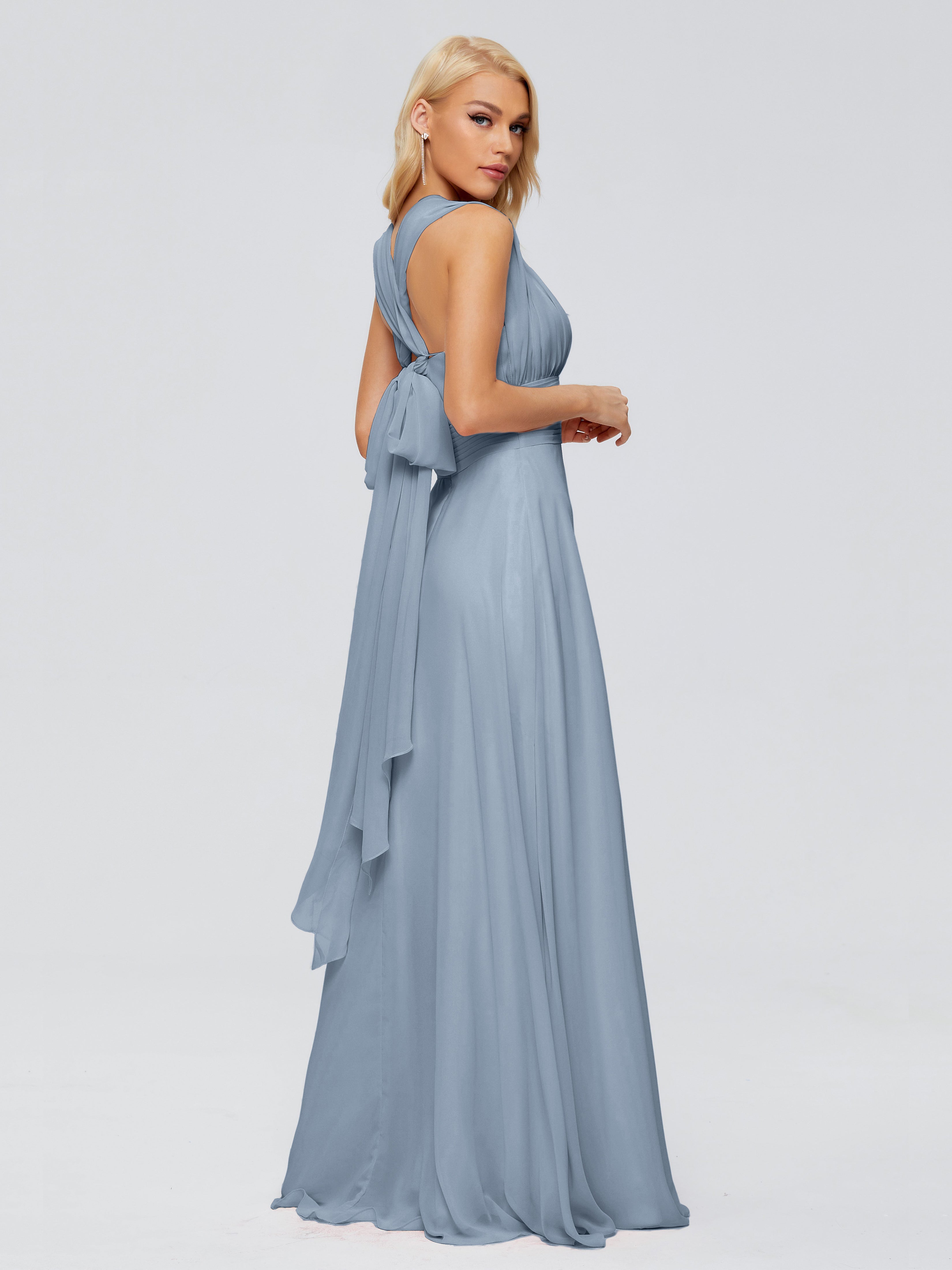 Robes De Demoiselle D'Honneur Bleu Poussiéreux Trapèze Bretelle Ruban Mousseline Robes Demoiselle D'Honneur