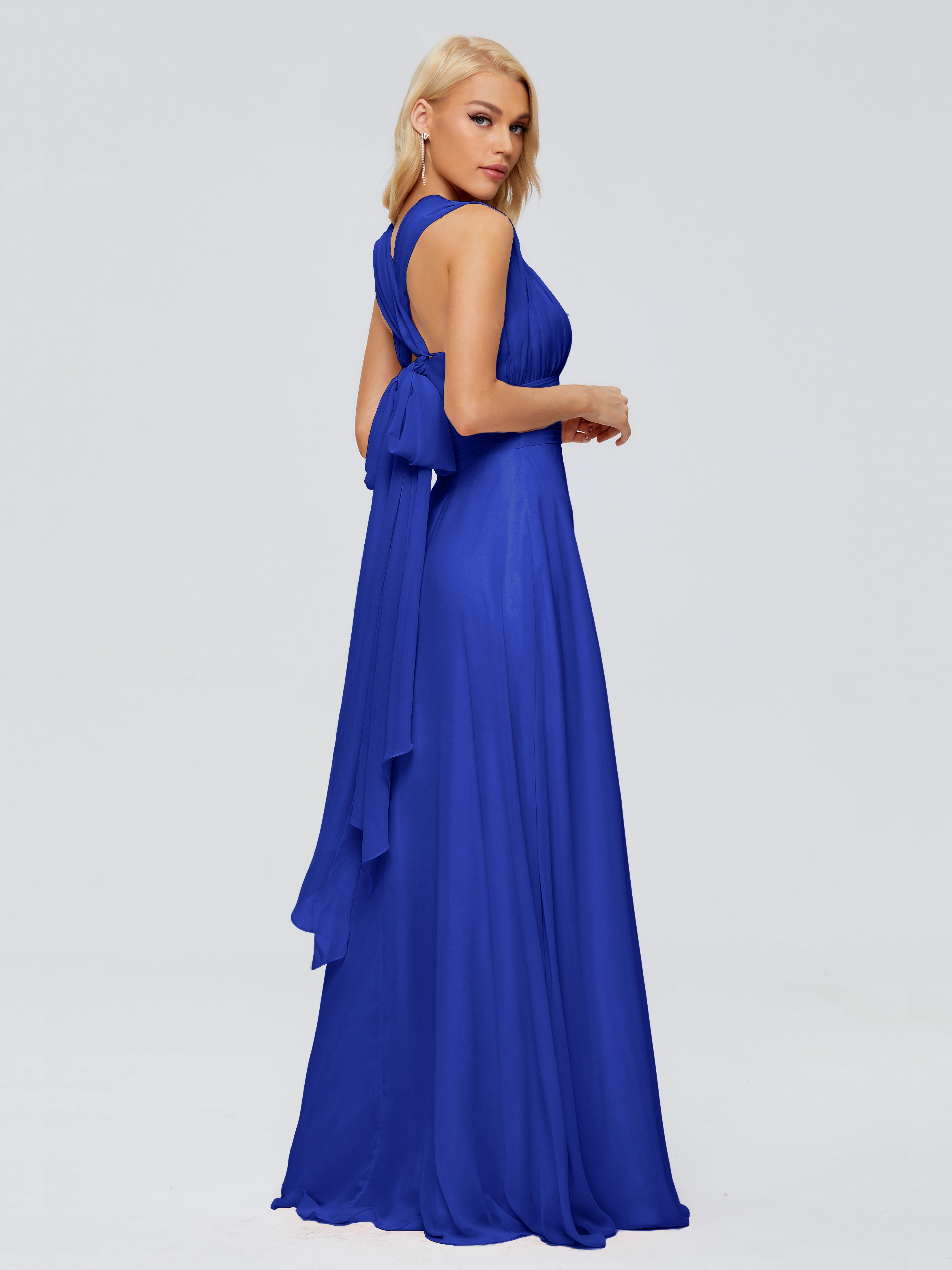 Robes De Demoiselle D'Honneur Bleu Royal Trapèze Bretelle Ruban Mousseline Robes Demoiselle D'Honneur