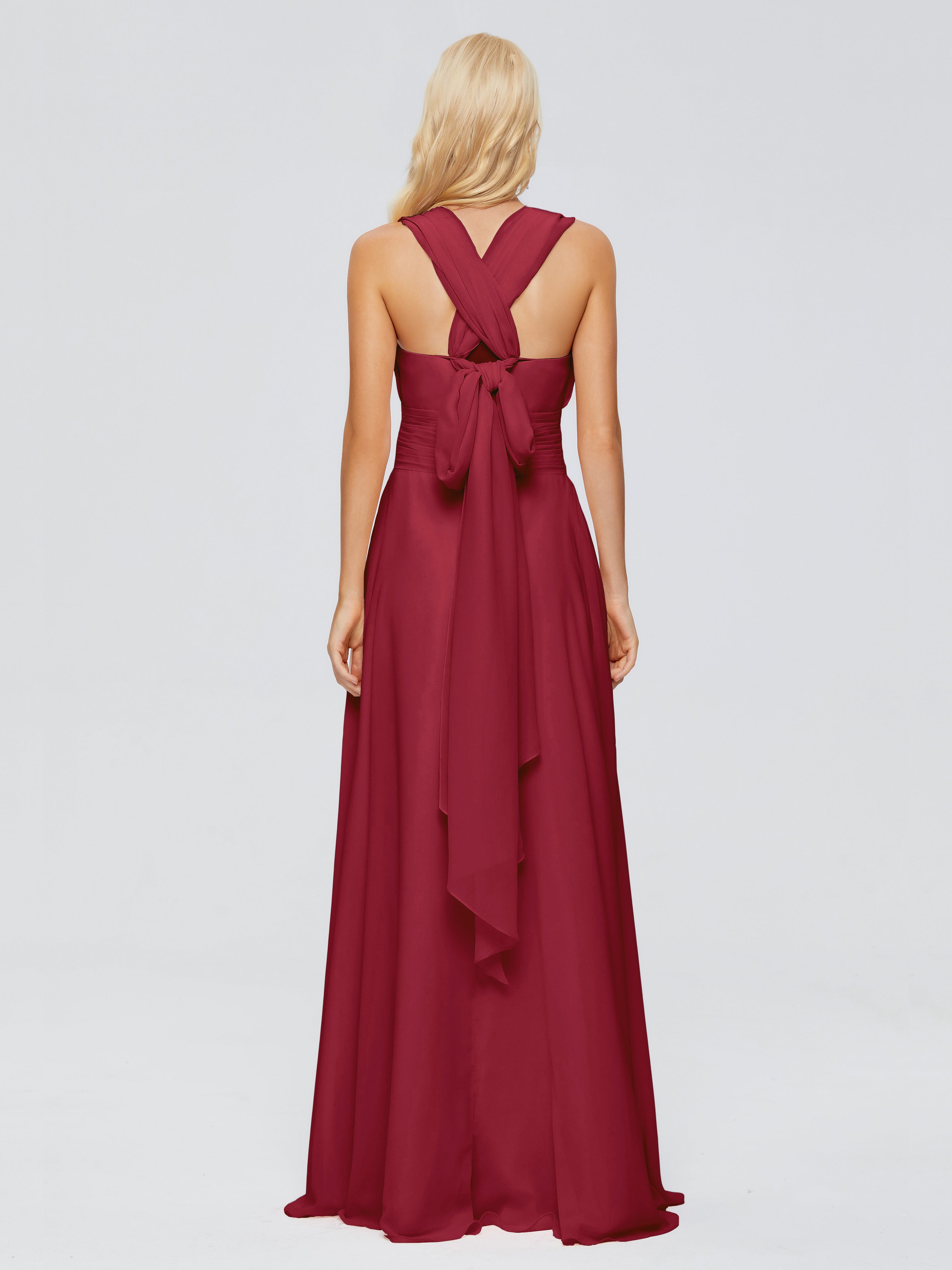 Robes De Demoiselle D'Honneur Bordeaux Longues Trapèze Bretelle Ruban Mousseline Robes Demoiselle D'Honneur