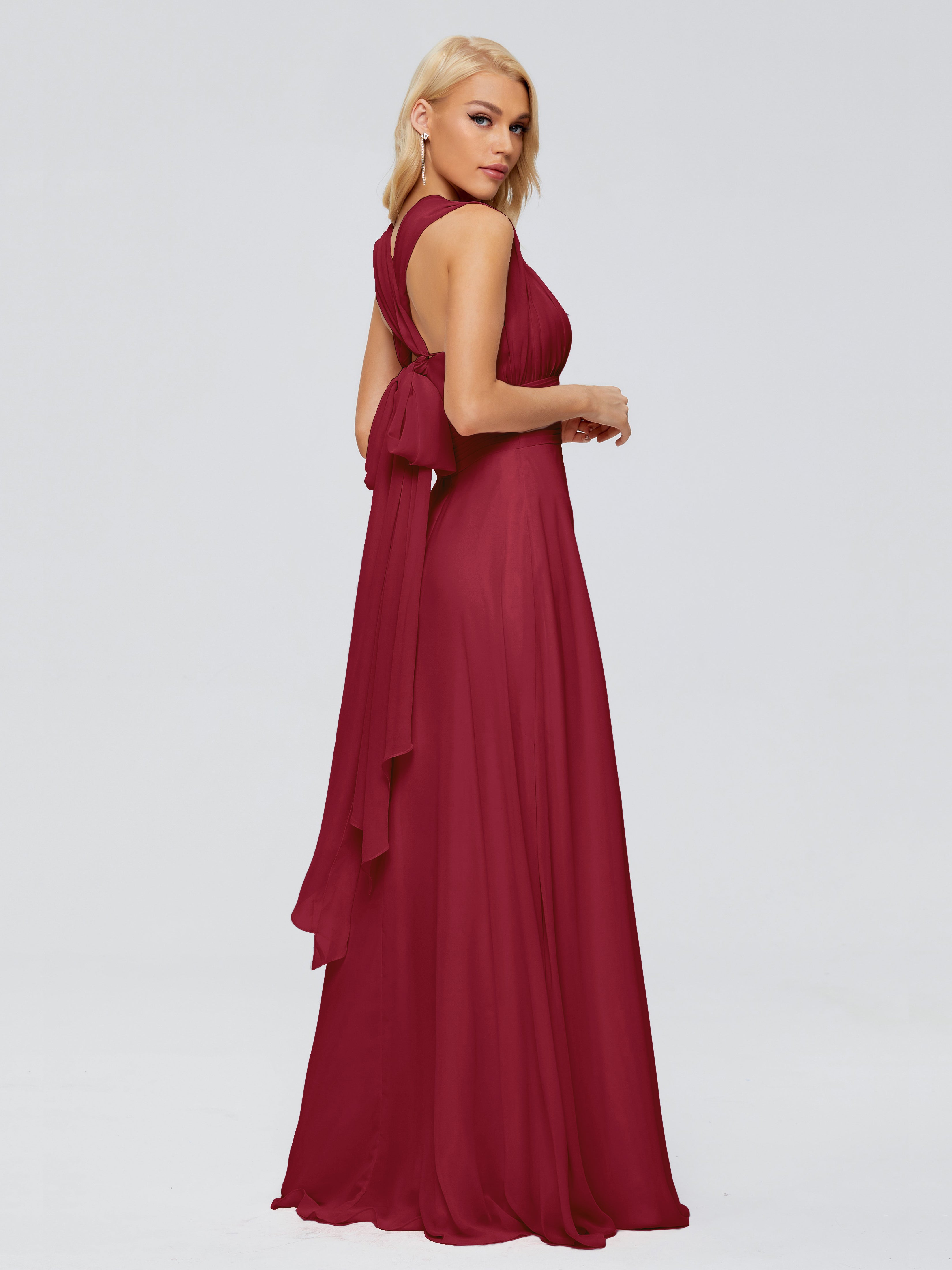 Robes De Demoiselle D'Honneur Bordeaux Longues Trapèze Bretelle Ruban Mousseline Robes Demoiselle D'Honneur