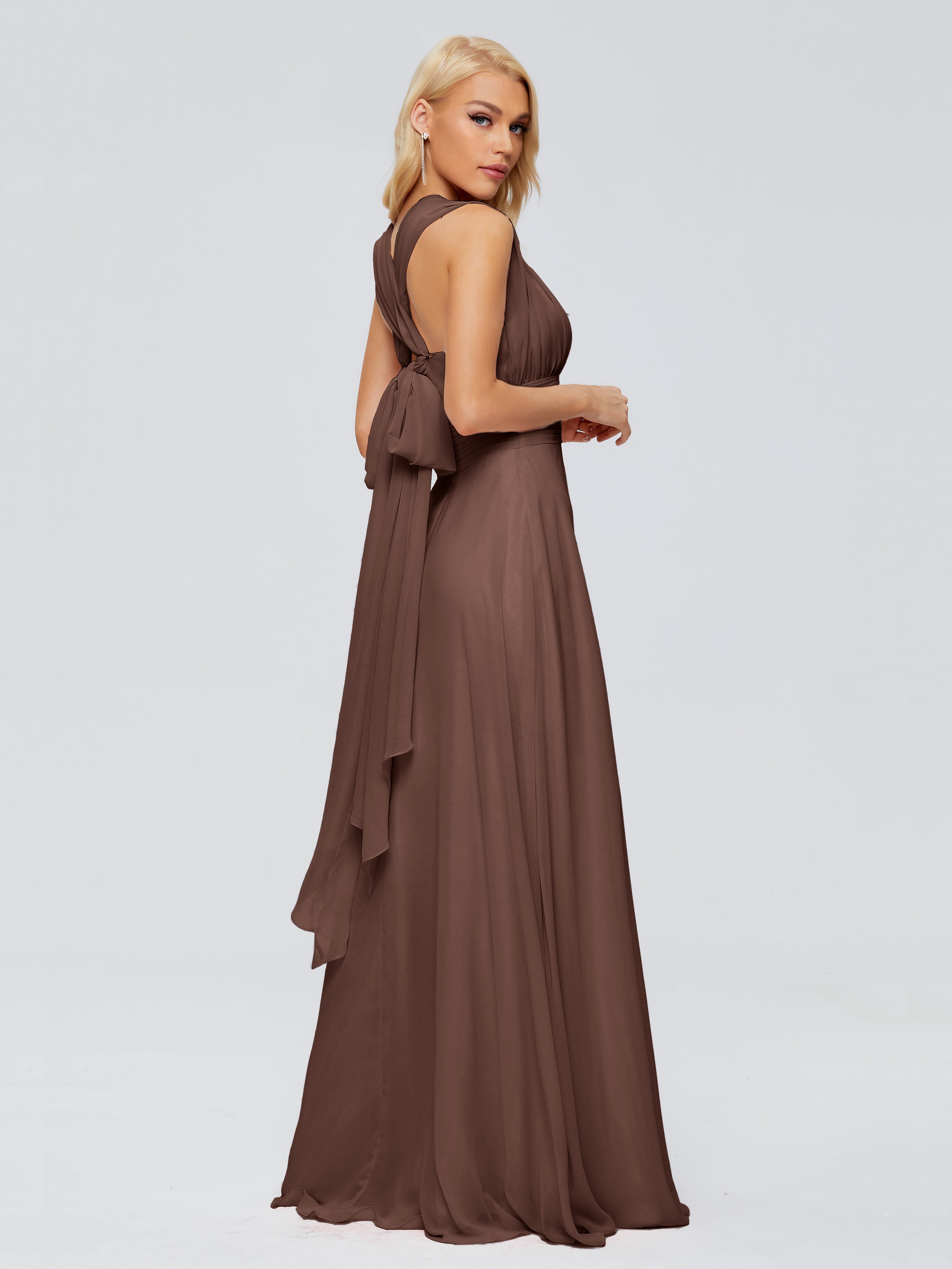 Robe Marron Chocolat Demoiselle D Honneur Trapèze Bretelle Ruban Mousseline Robes Demoiselle D'Honneur