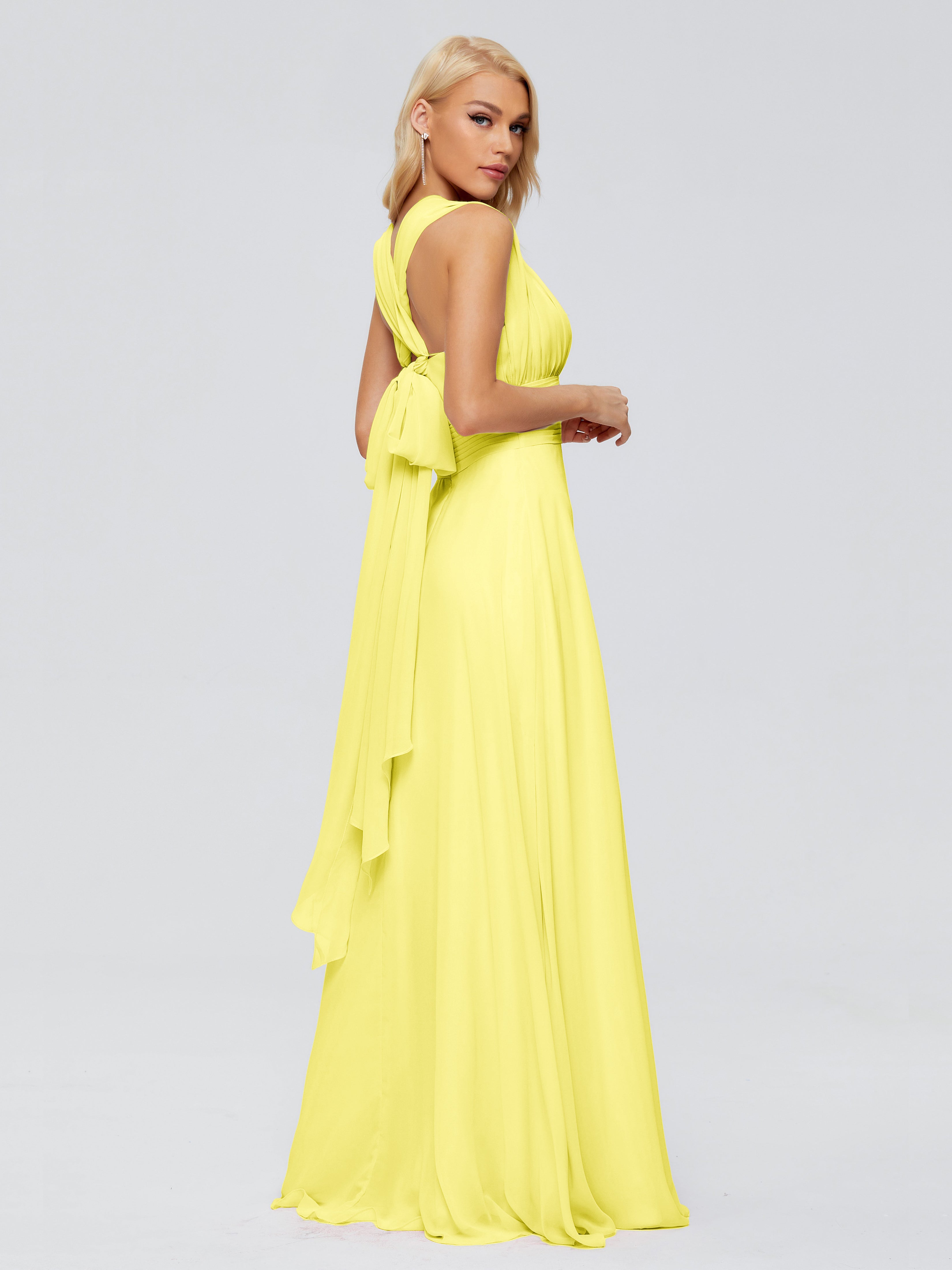 Robes De Demoiselle D'Honneur Citron Trapèze Bretelle Ruban Mousseline Robes Demoiselle D'Honneur