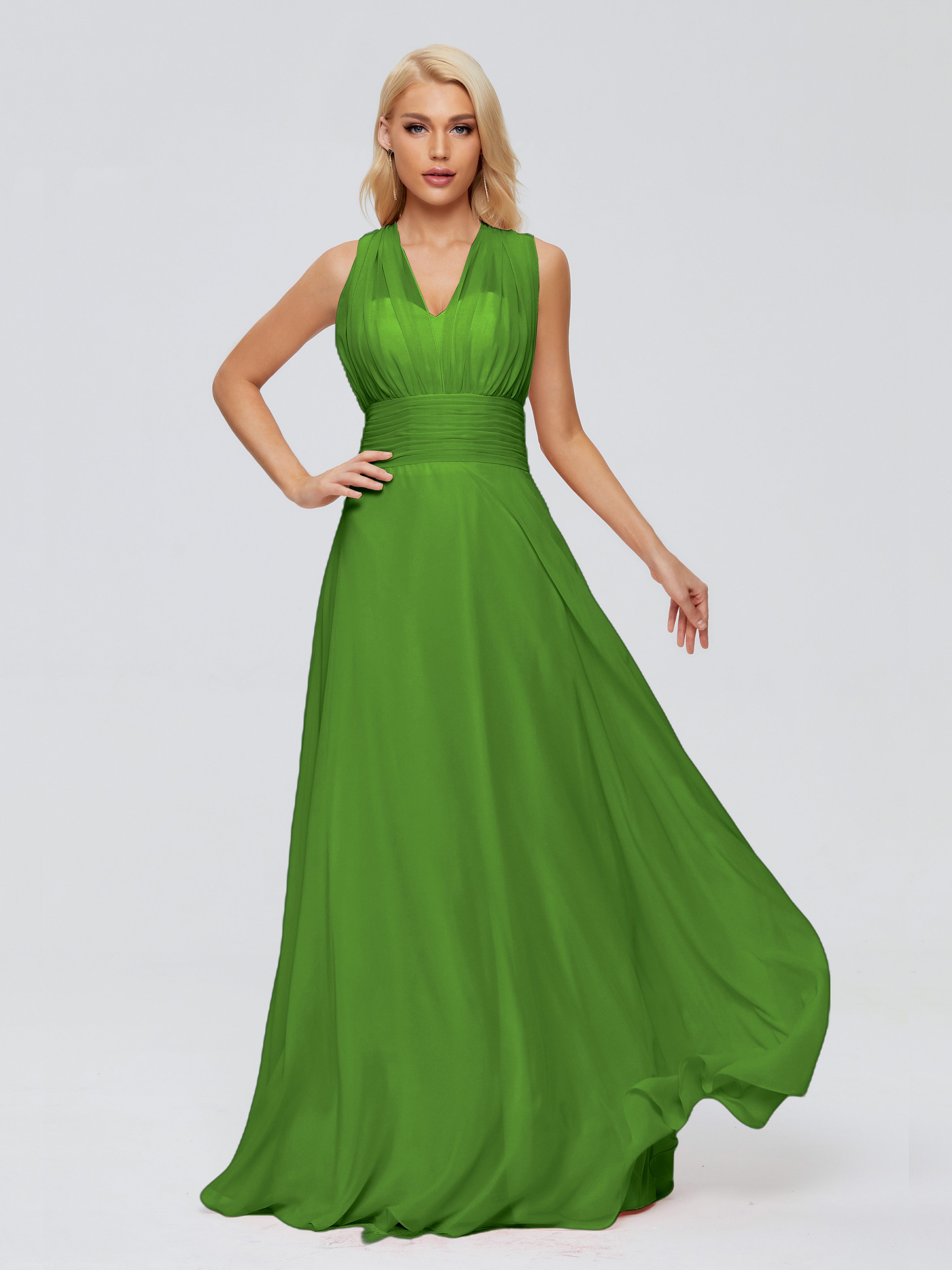 Robes De Demoiselle D'Honneur Vert Mousse Trapèze Bretelle Ruban Mousseline Robes Demoiselle D'Honneur