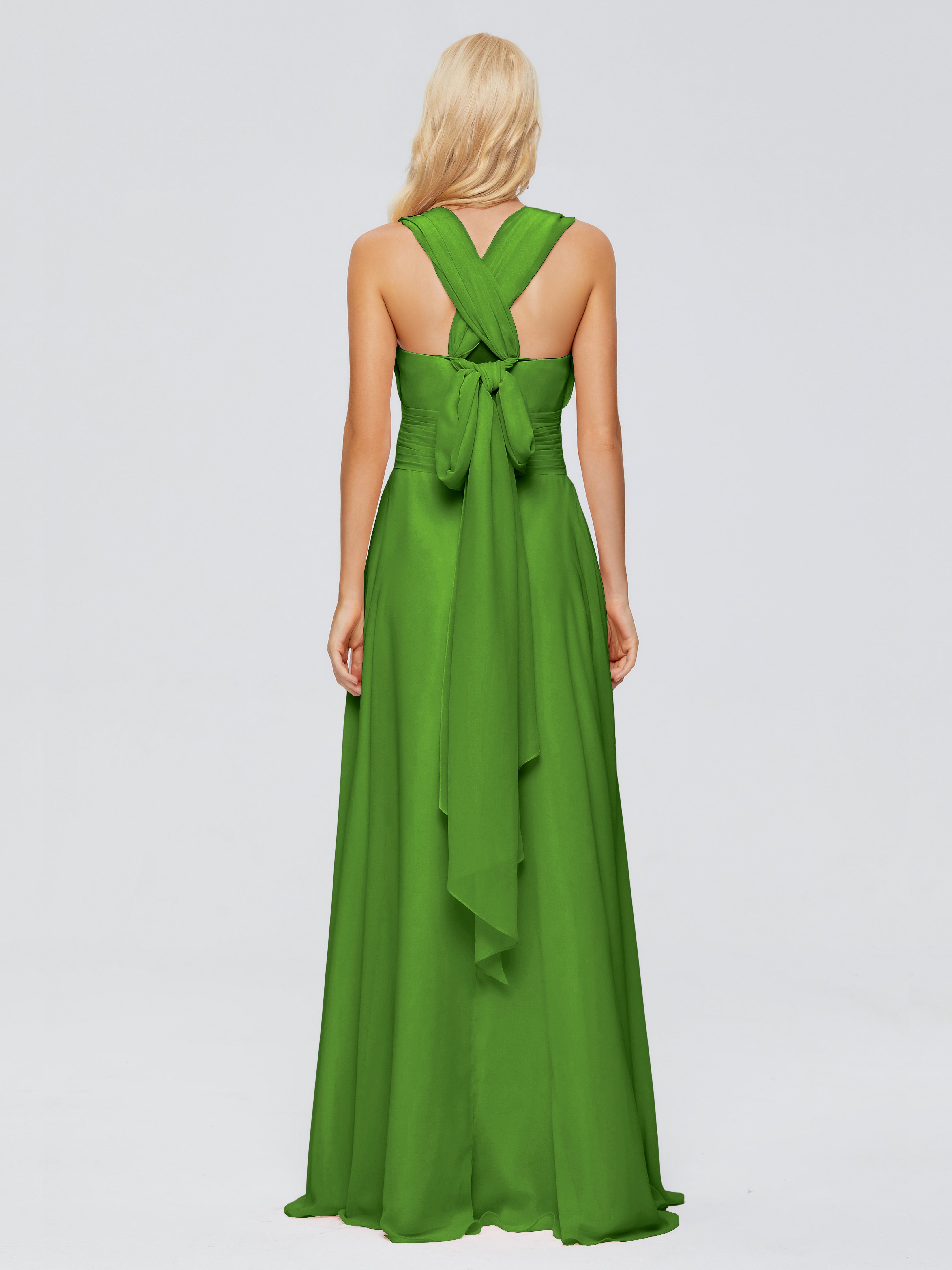 Robes De Demoiselle D'Honneur Vert Mousse Trapèze Bretelle Ruban Mousseline Robes Demoiselle D'Honneur