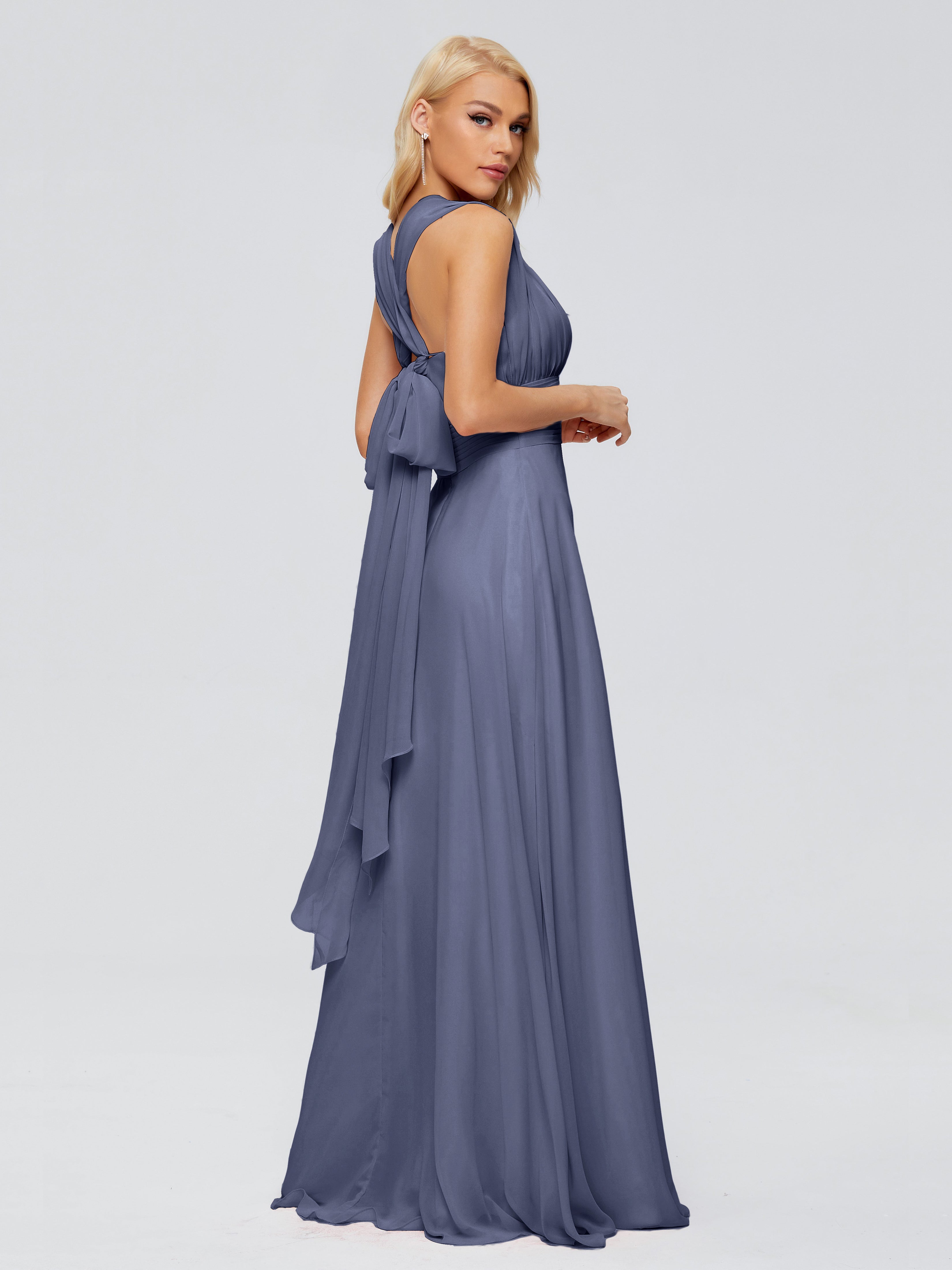 Robes De Demoiselle D'Honneur Bleu Orageux Trapèze Bretelle Ruban Mousseline Robes Demoiselle D'Honneur