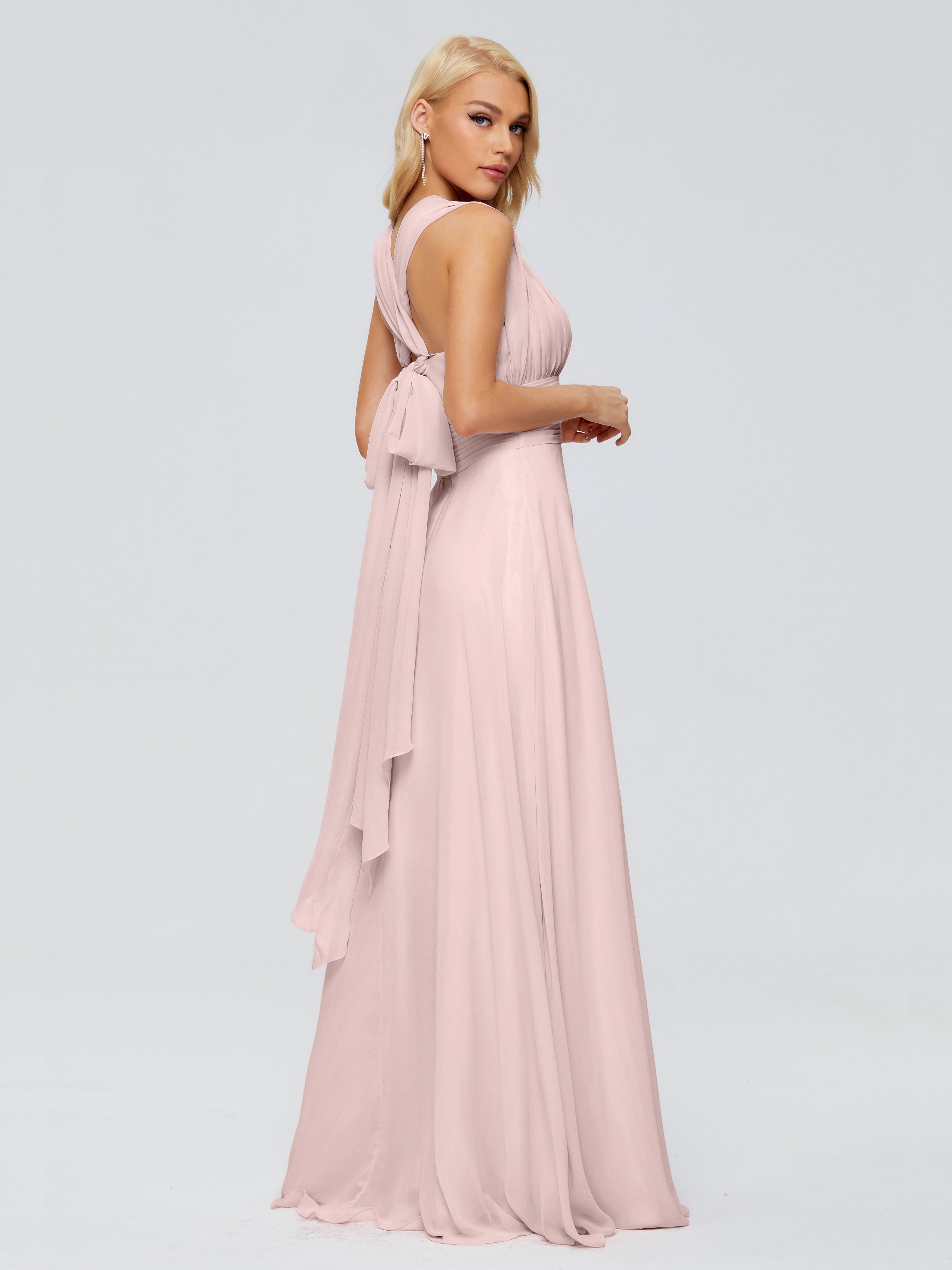 Robe Rose Poudrée Demoiselle D Honneur Trapèze Bretelle Ruban Mousseline Robes Demoiselle D'Honneur