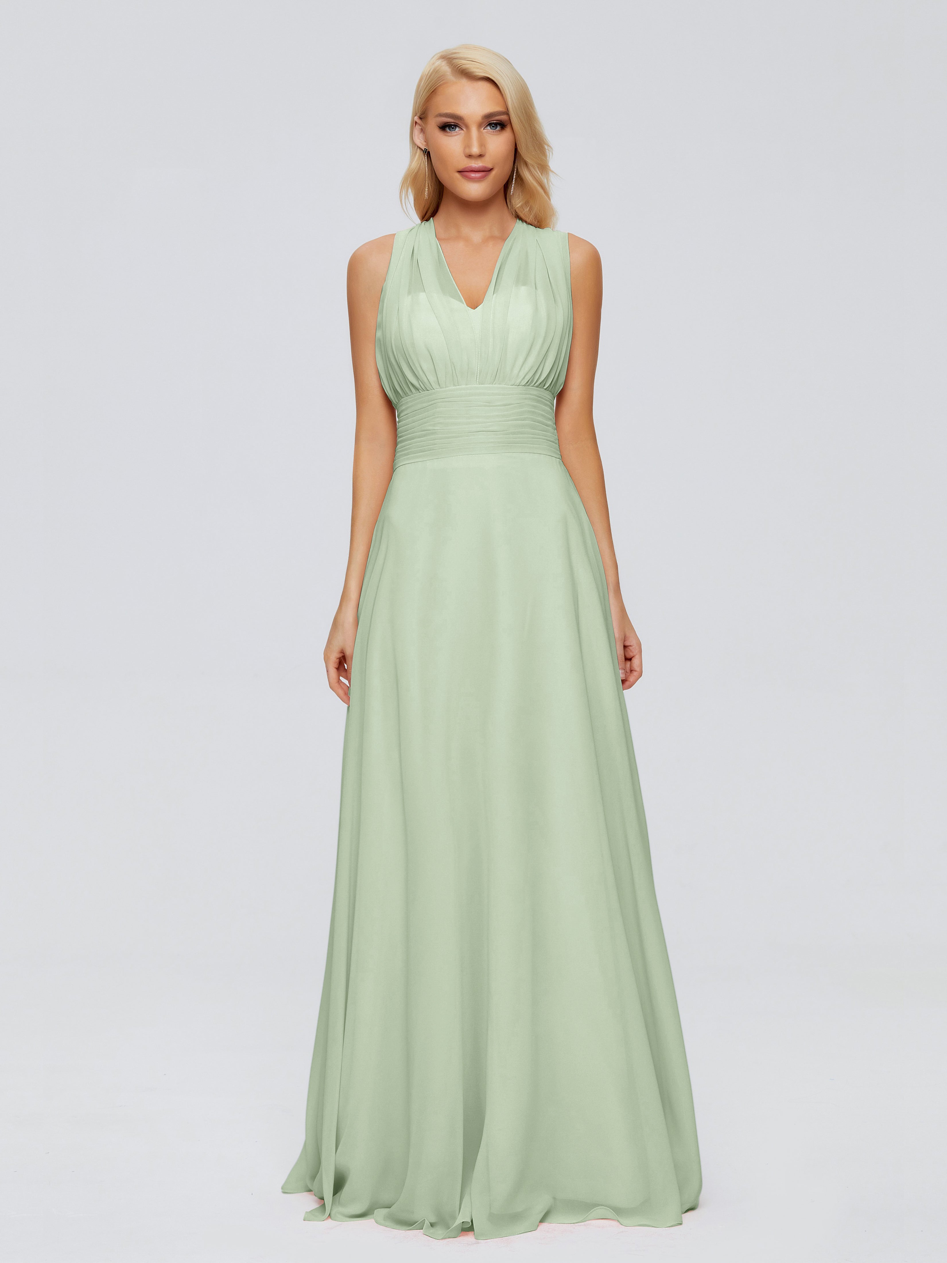 Robe Demoiselle D Honneur Sauge Poudré Trapèze Bretelle Ruban Mousseline Robes Demoiselle D'Honneur