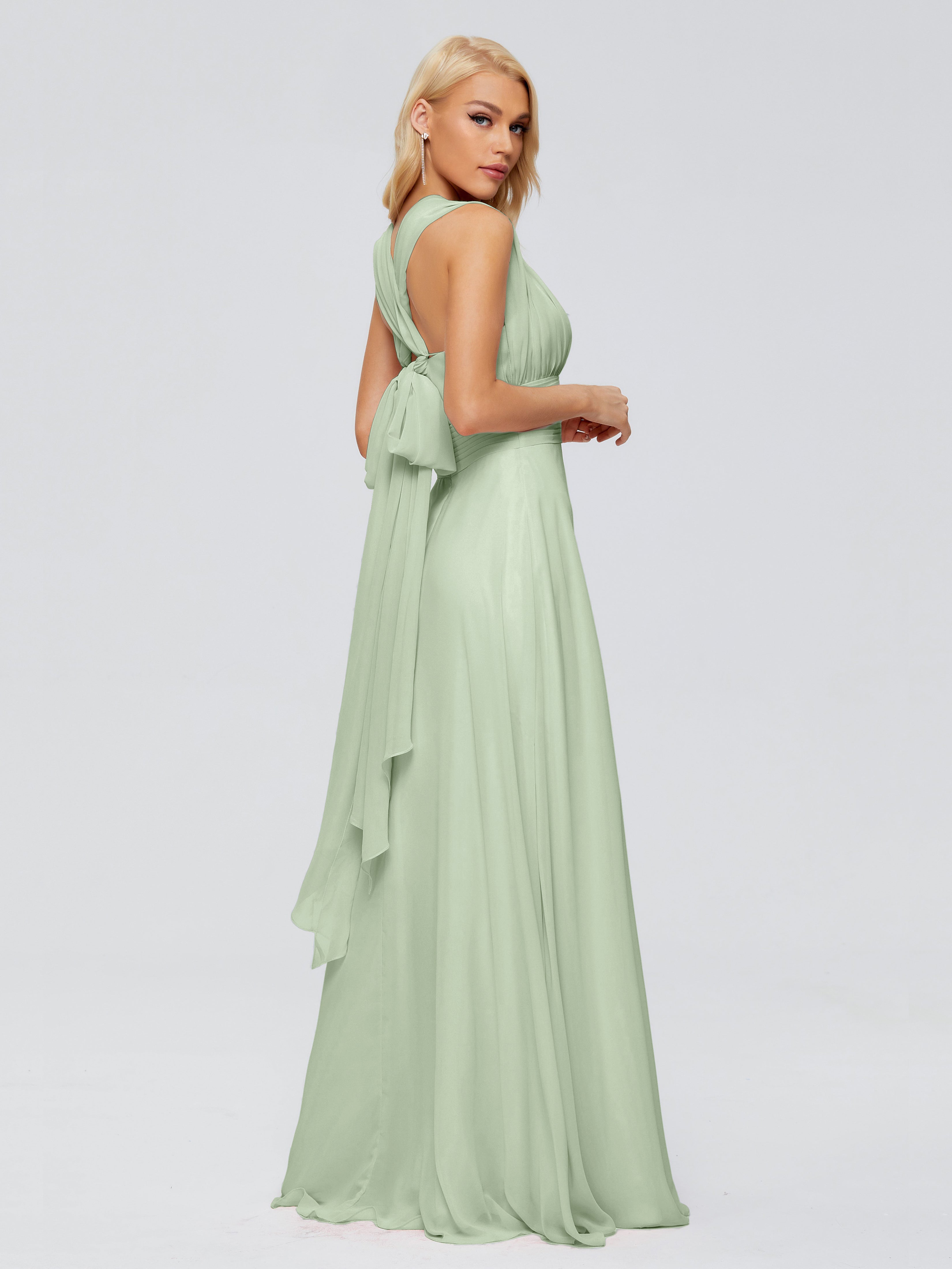 Robe Demoiselle D Honneur Sauge Poudré Trapèze Bretelle Ruban Mousseline Robes Demoiselle D'Honneur