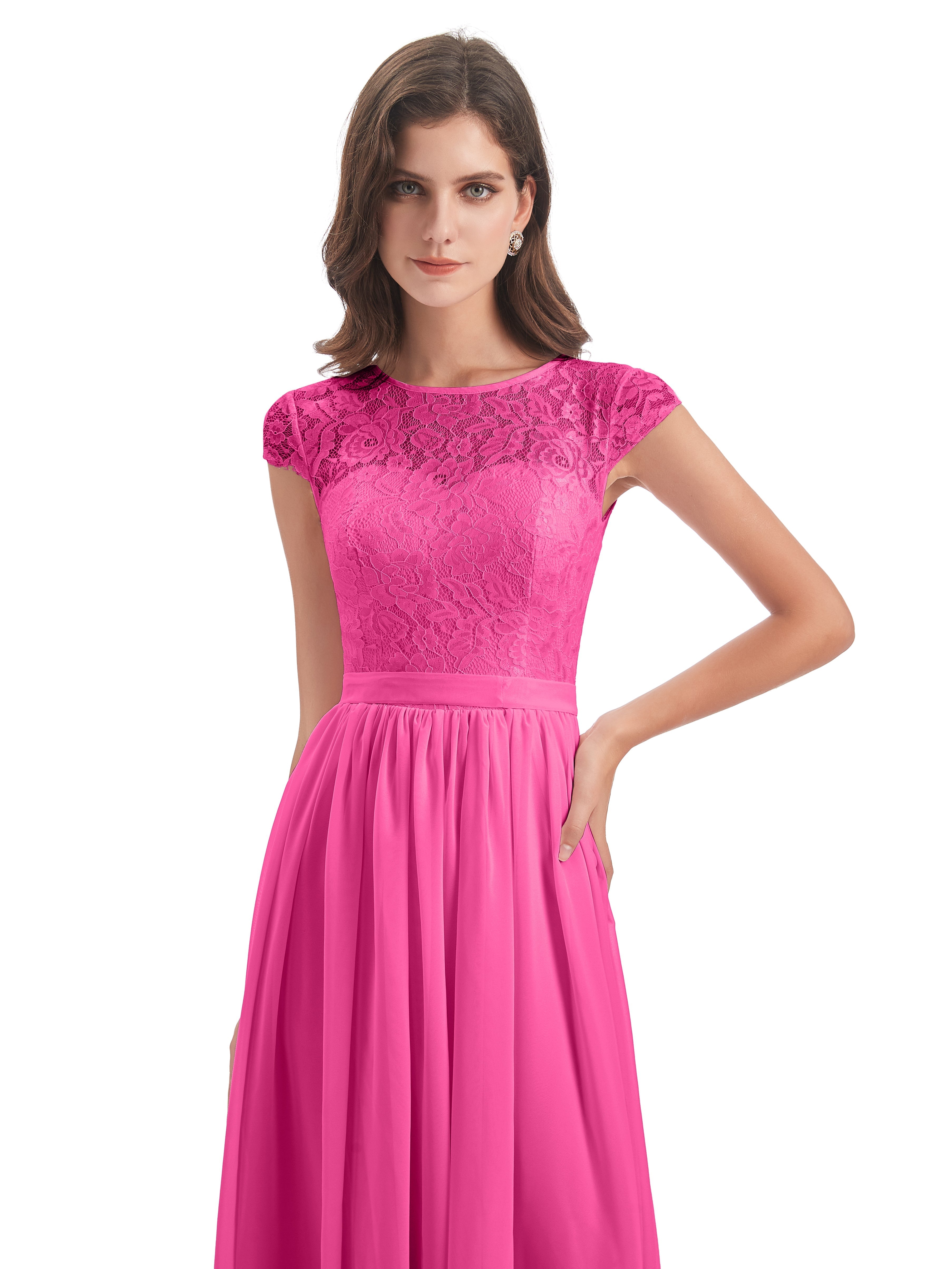 Robe Demoiselle D Honneur Azalée Trapèze Mancherons Illusion Dentelle/Mousseline Robes Demoiselle D'Honneur