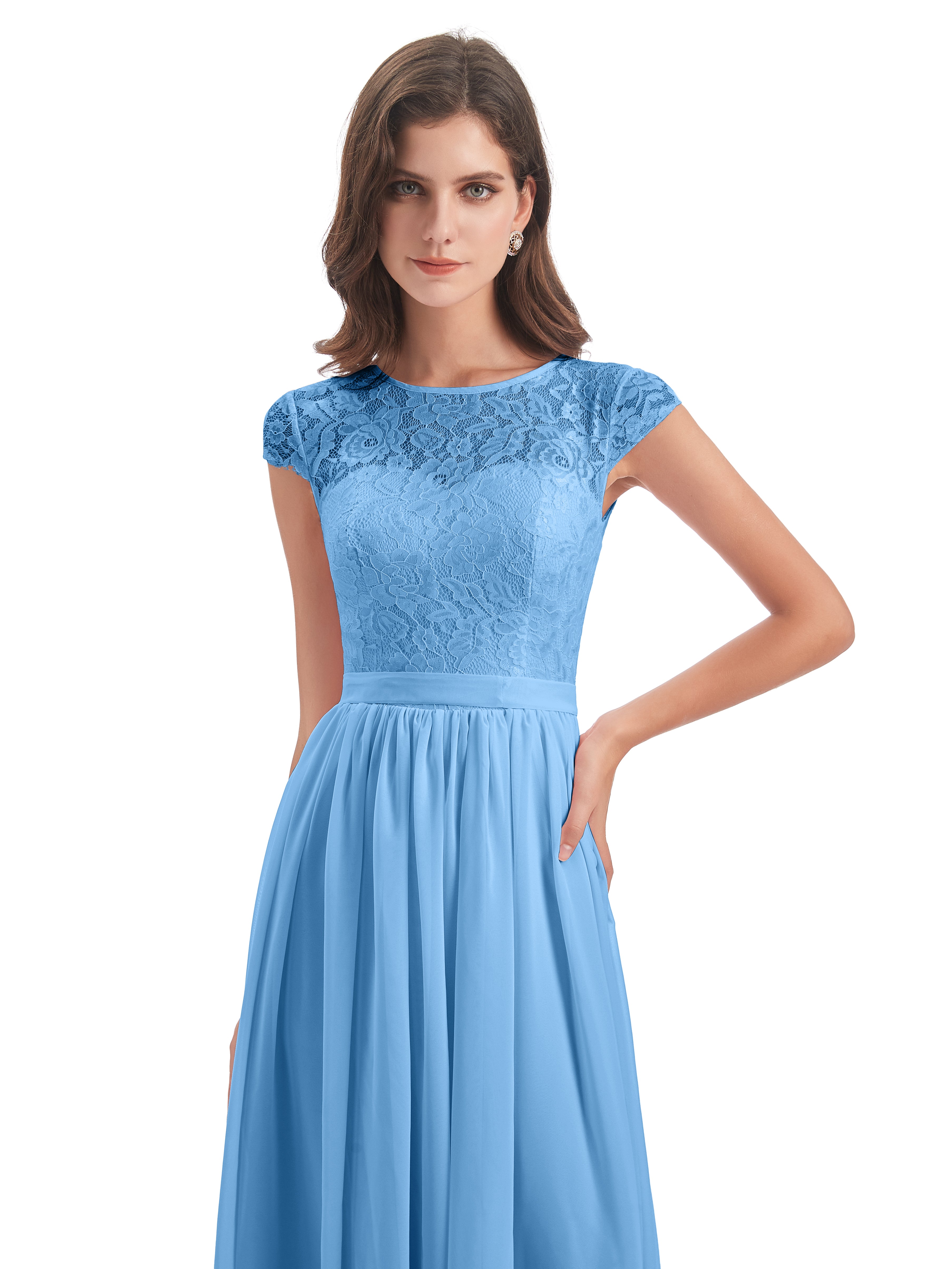 Robe Demoiselle D Honneur Bleue Trapèze Mancherons Illusion Dentelle/Mousseline Robes Demoiselle D'Honneur