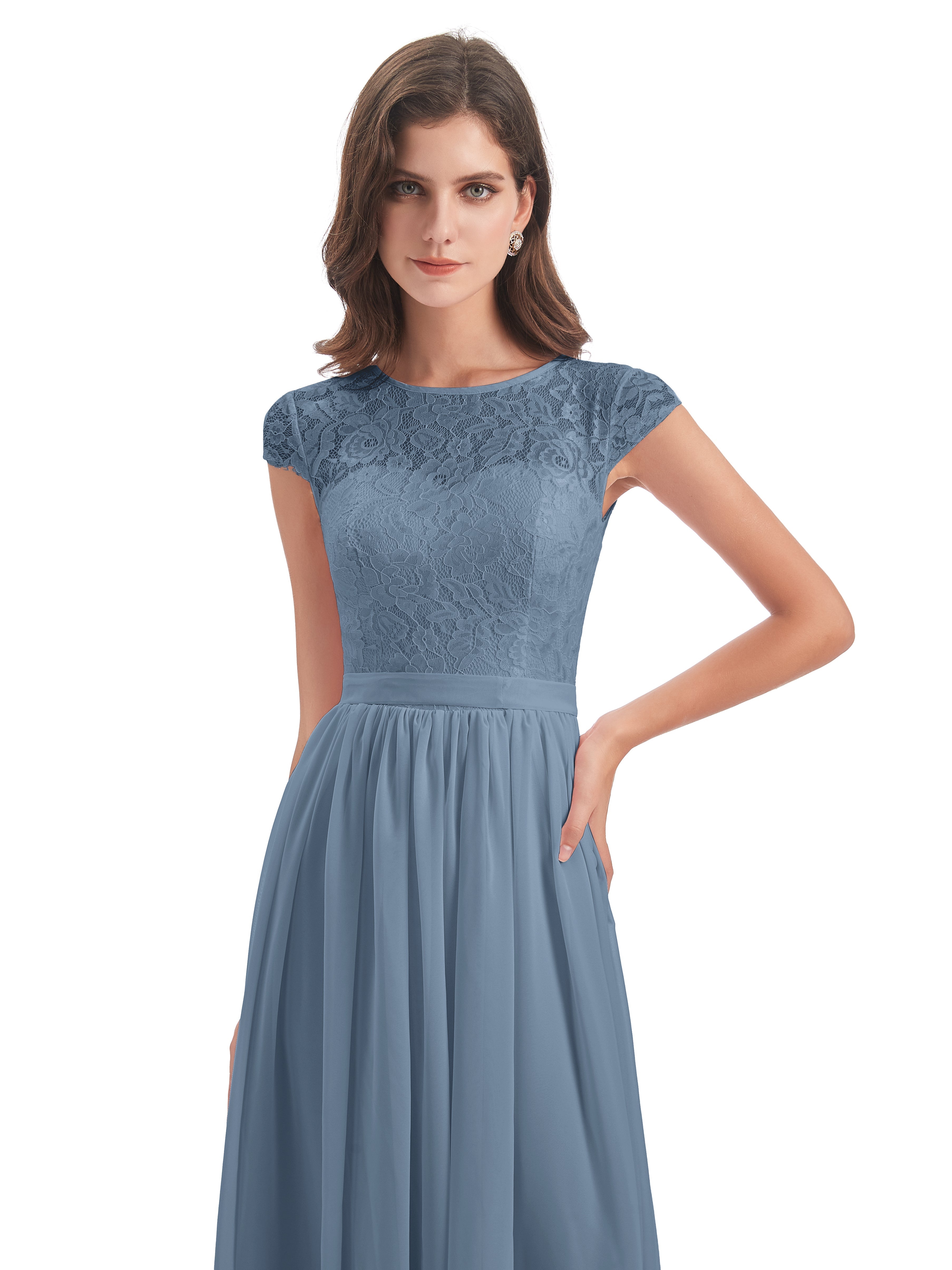 Robes De Demoiselle D'Honneur Bleu De Schiste Trapèze Mancherons Illusion Dentelle/Mousseline Robes Demoiselle D'Honneur