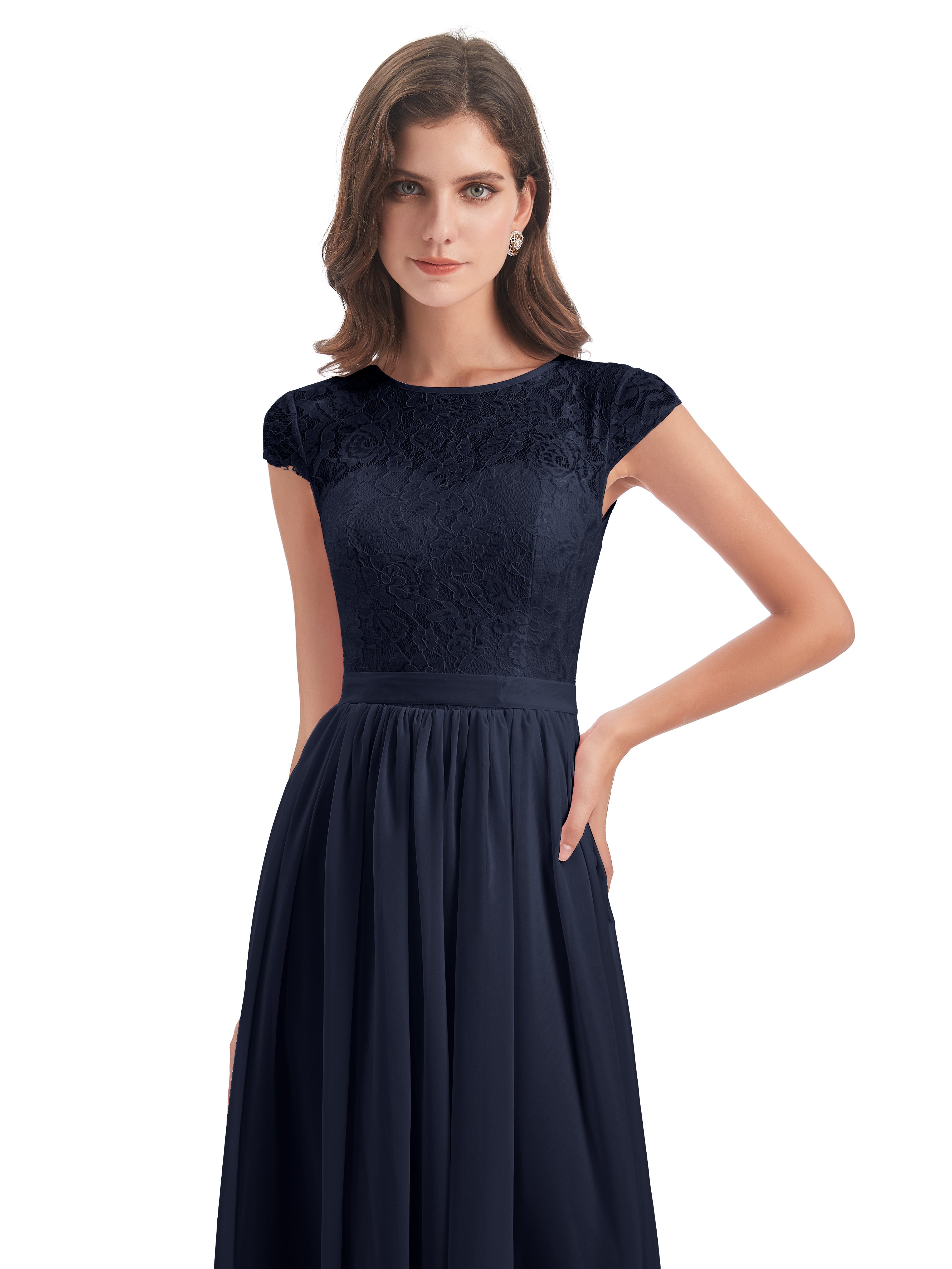 Robe Demoiselle D Honneur Bleue Marine Trapèze Mancherons Illusion Dentelle/Mousseline Robes Demoiselle D'Honneur