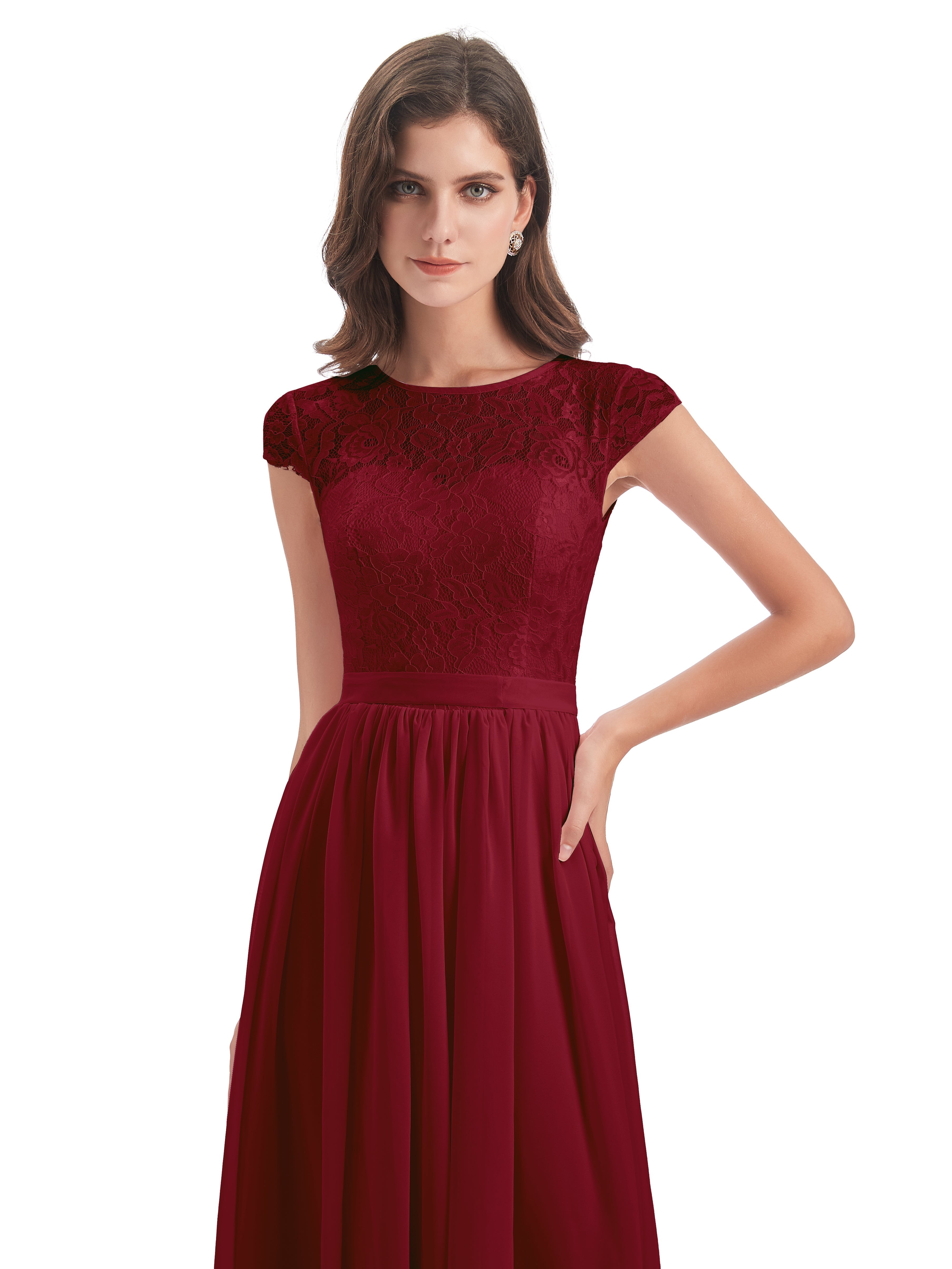 Demoiselle D Honneur Bordeaux Trapèze Mancherons Illusion Dentelle/Mousseline Robes Demoiselle D'Honneur