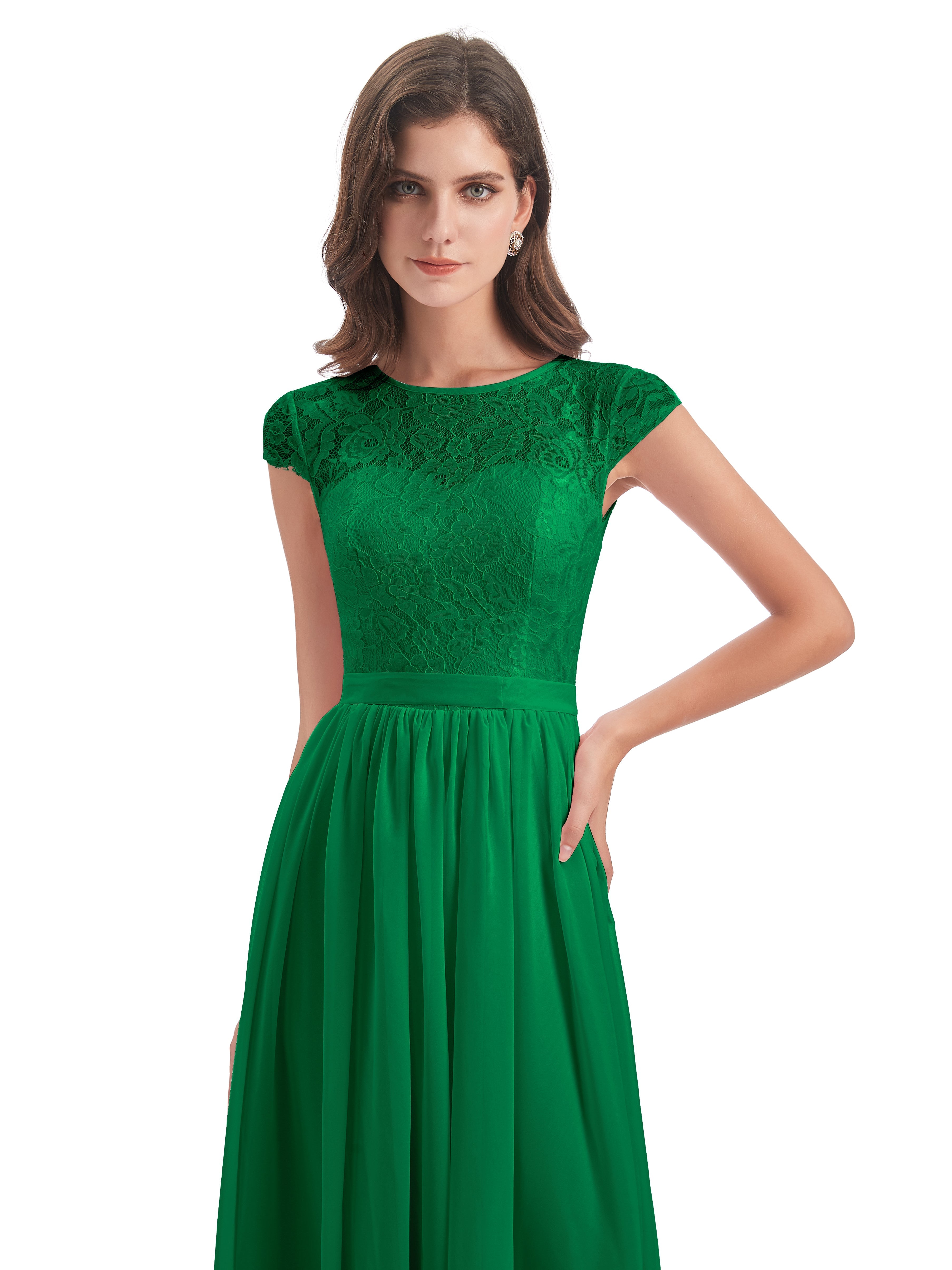 Demoiselle D Honneur Vert Émeraude Trapèze Mancherons Illusion Dentelle/Mousseline Robes Demoiselle D'Honneur