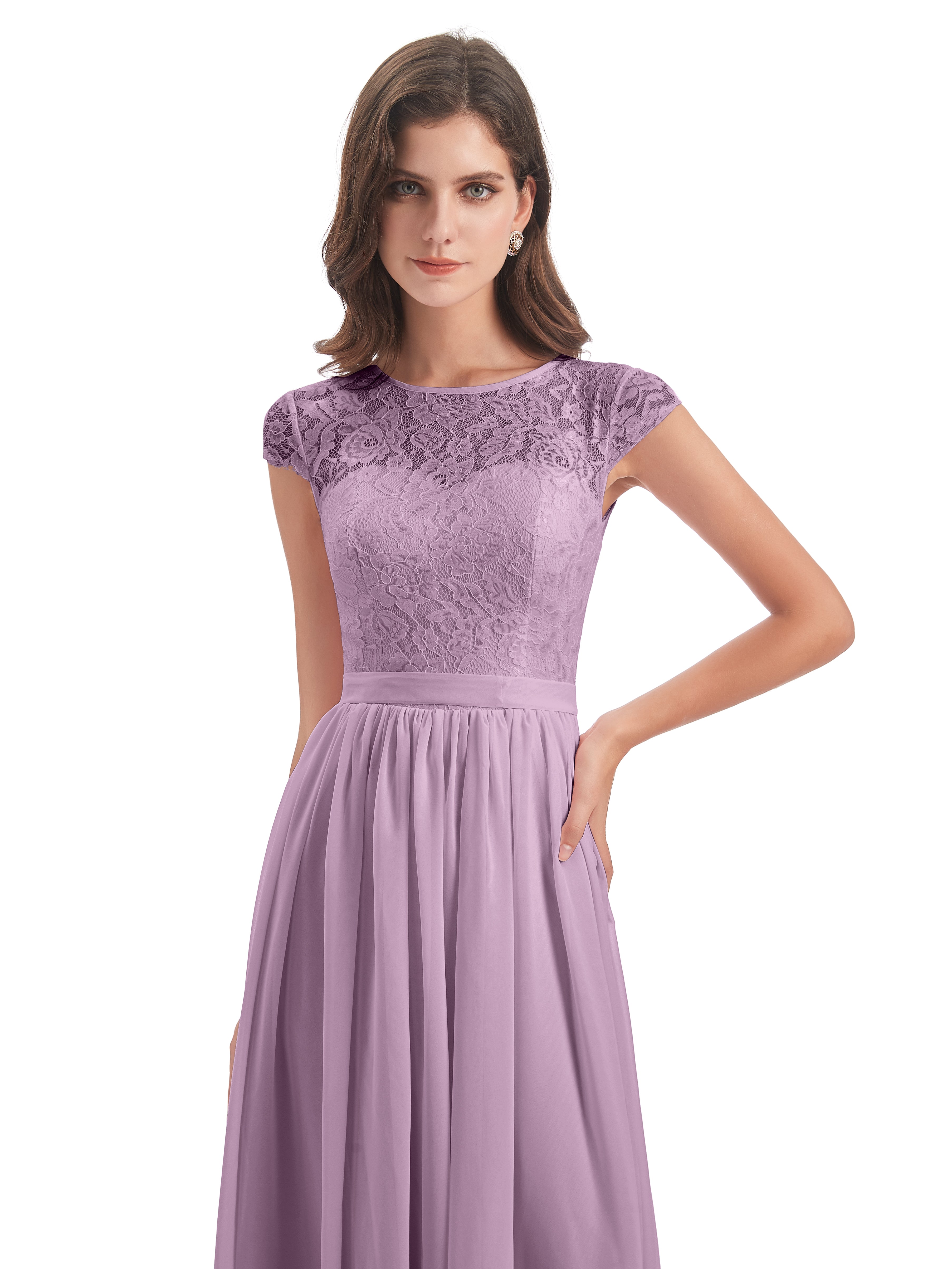 Robes De Demoiselle D'Honneur Glycine Trapèze Mancherons Illusion Dentelle/Mousseline Robes Demoiselle D'Honneur