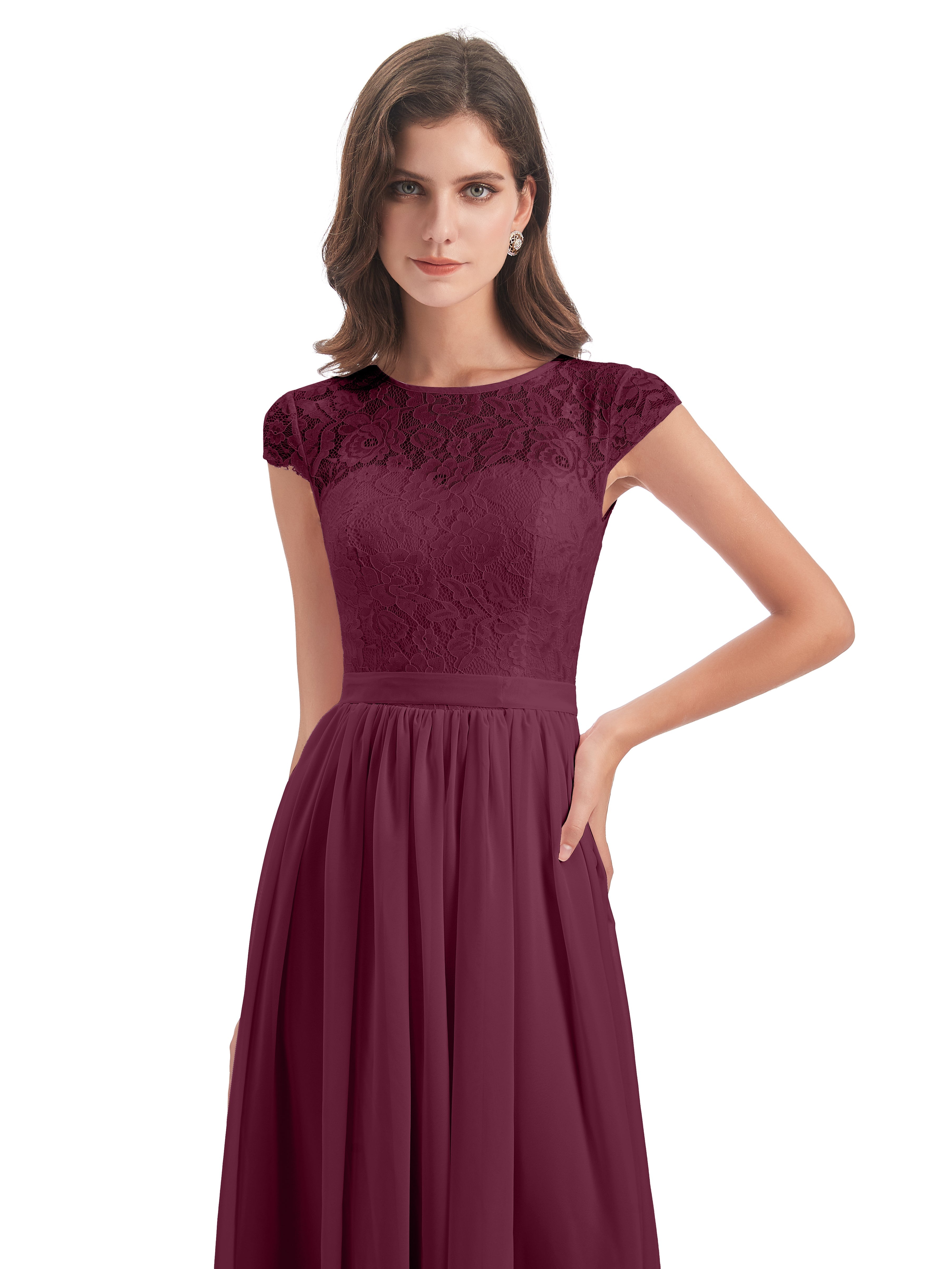 Robes De Demoiselle D'Honneur Mûre Trapèze Mancherons Illusion Dentelle/Mousseline Robes Demoiselle D'Honneur