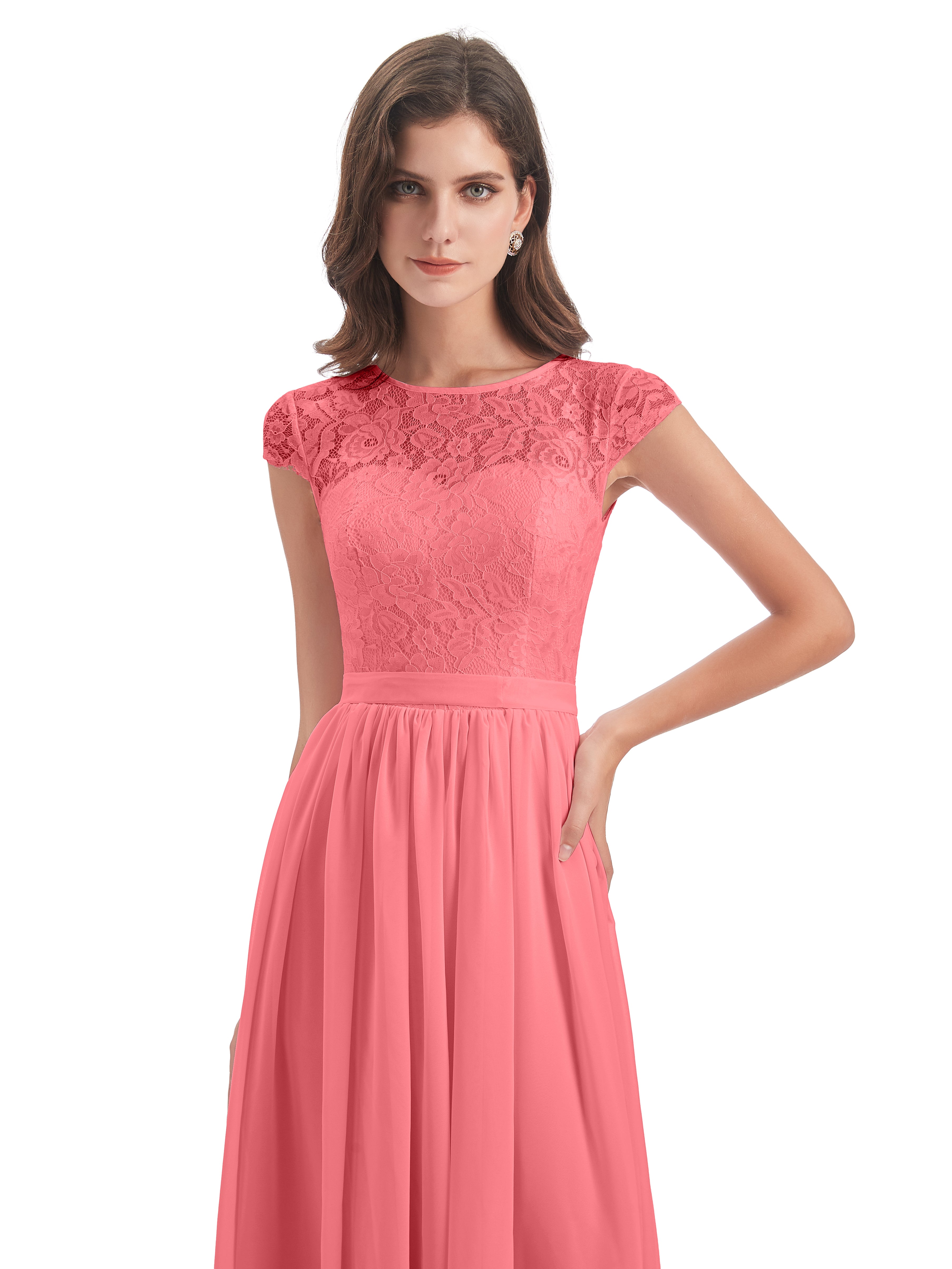 Robes De Demoiselle D'Honneur Pastèque Trapèze Mancherons Illusion Dentelle/Mousseline Robes Demoiselle D'Honneur