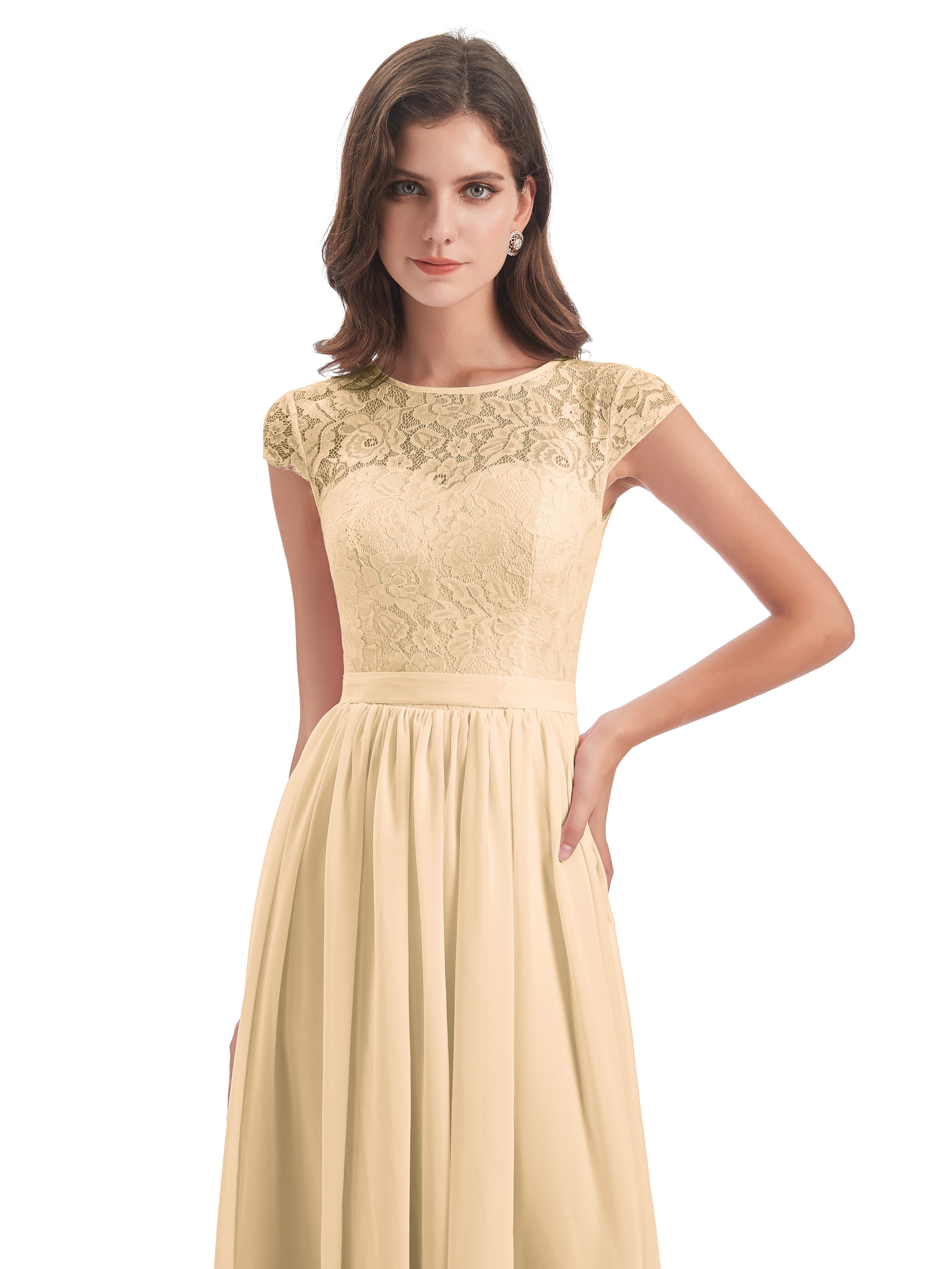 Robes De Demoiselle D'Honneur Pêche Trapèze Mancherons Illusion Dentelle/Mousseline Robes Demoiselle D'Honneur