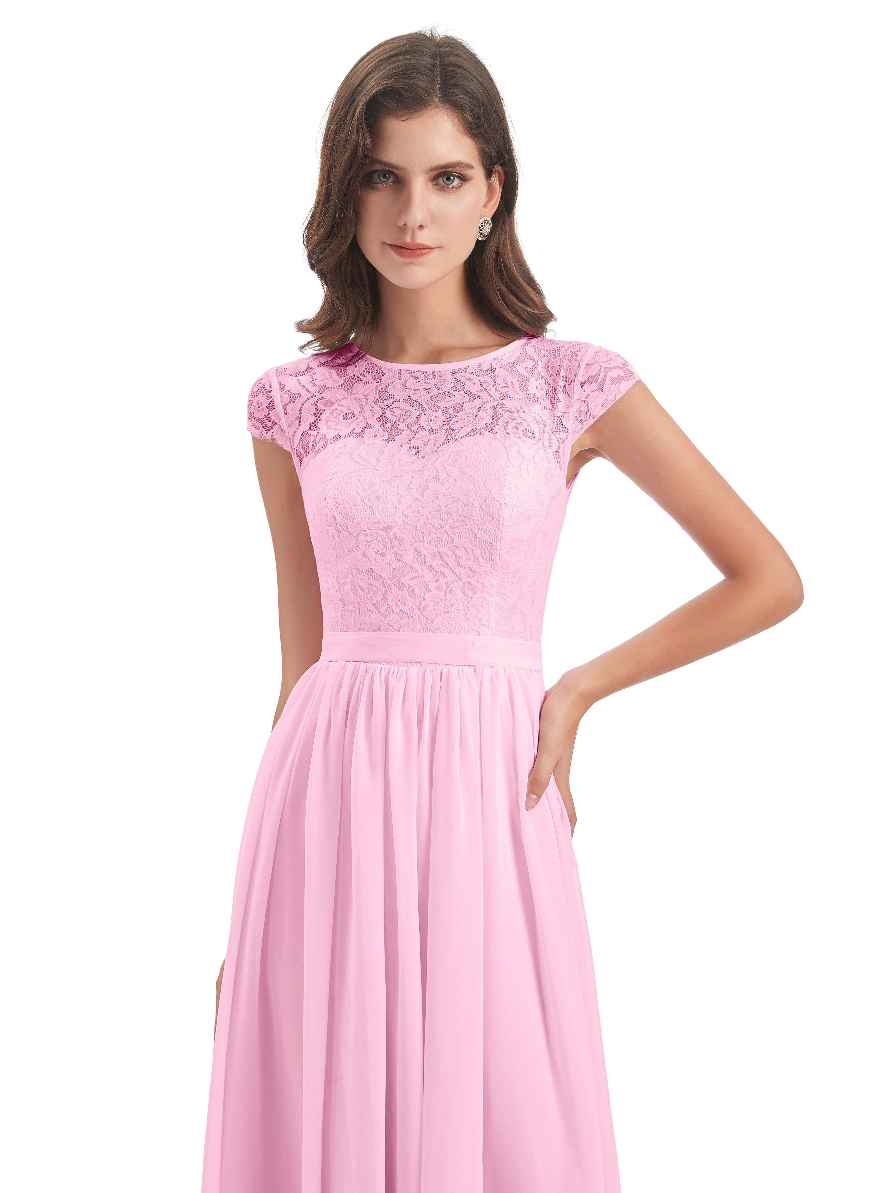 Robes De Demoiselle D'Honneur Rose Bonbon Trapèze Mancherons Illusion Dentelle/Mousseline Robes Demoiselle D'Honneur
