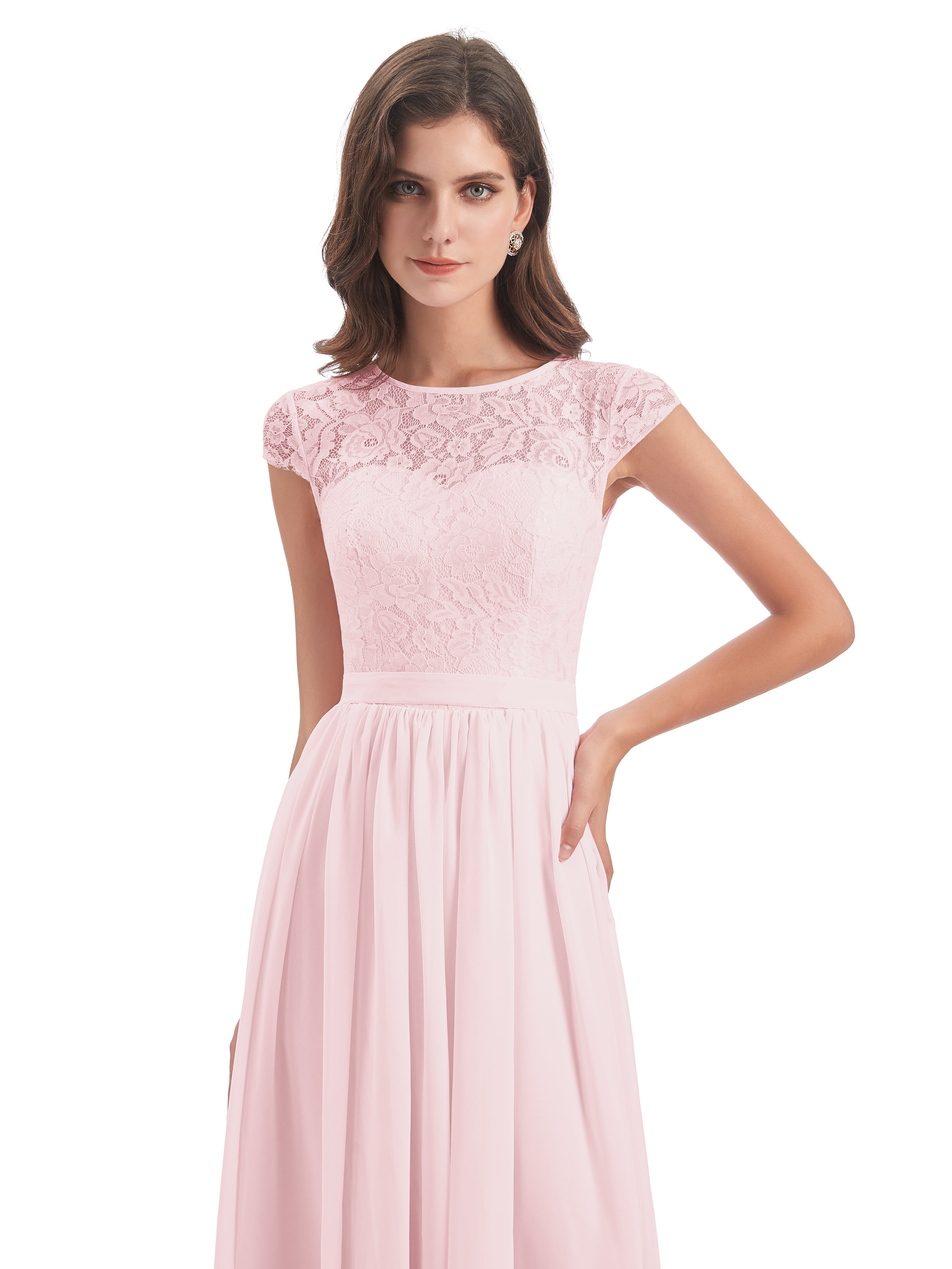 Robe Demoiselle Dhonneur Rose Pale Trapèze Mancherons Illusion Dentelle/Mousseline Robes Demoiselle D'Honneur