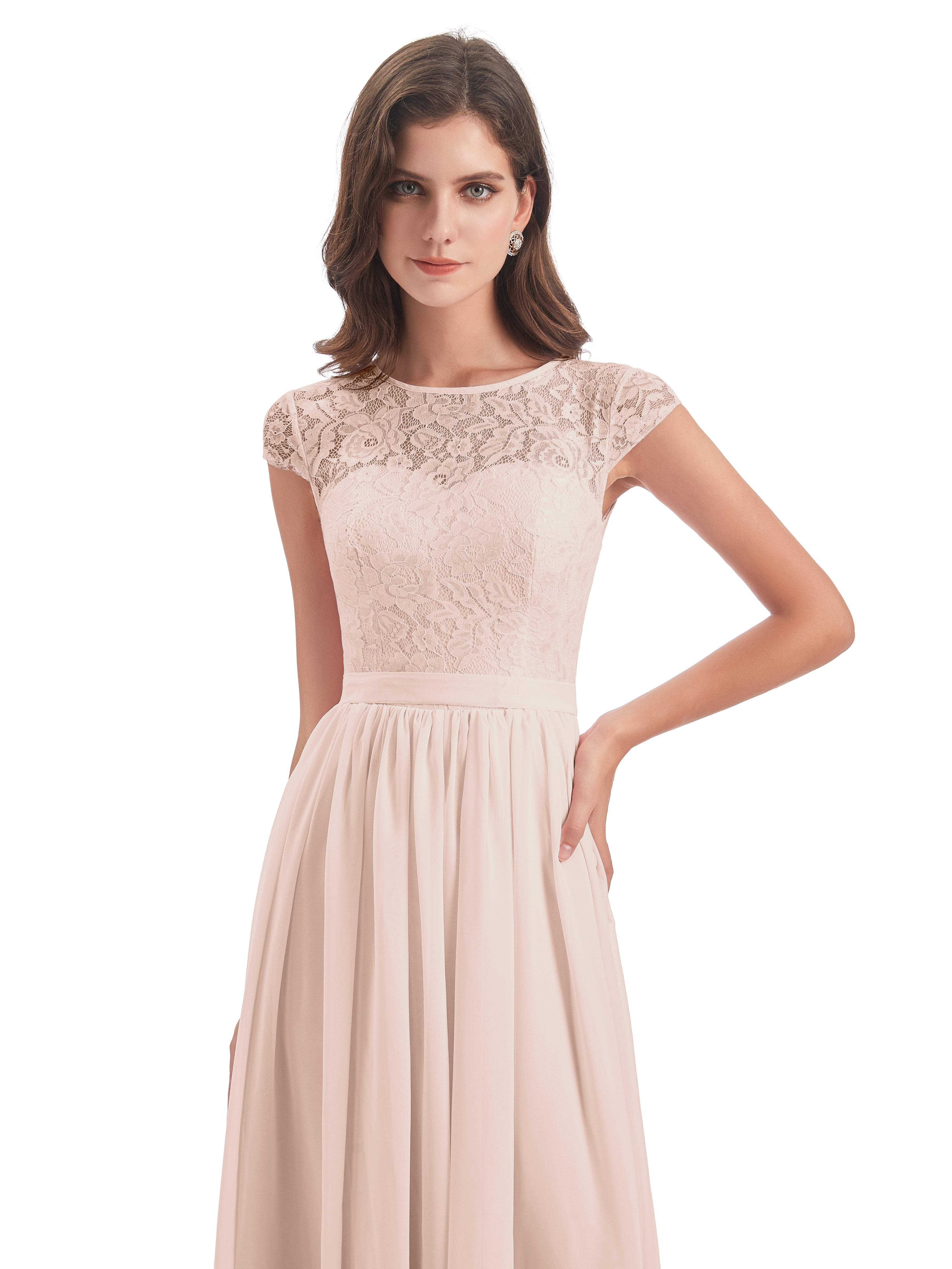 Robe De Demoiselle D'Honneur En Perles Trapèze Mancherons Illusion Dentelle/Mousseline Robes Demoiselle D'Honneur