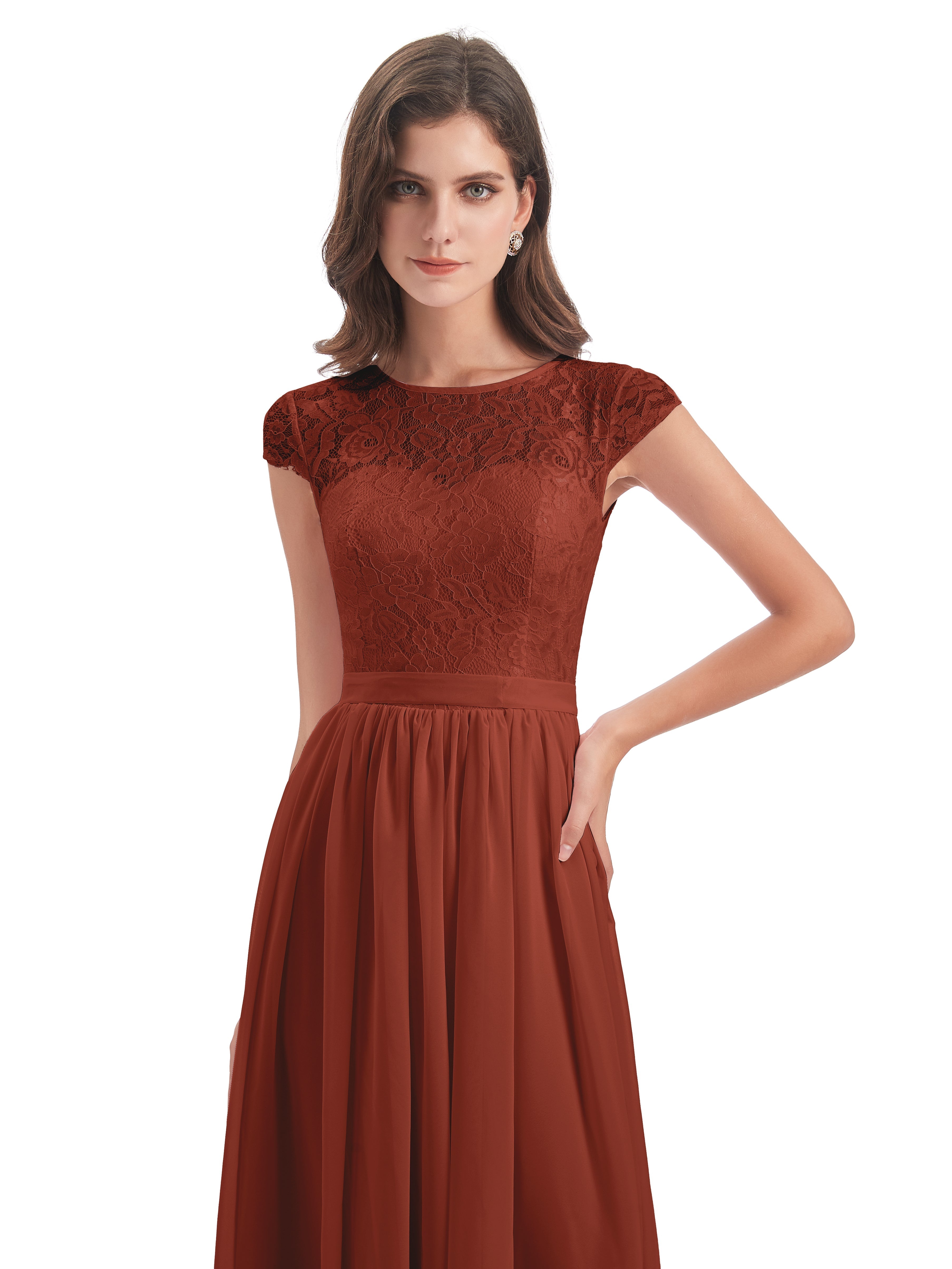 Robes De Demoiselle D'Honneur Couleur Rouille Bon Marché Trapèze Mancherons Illusion Dentelle/Mousseline Robes Demoiselle D'Honneur