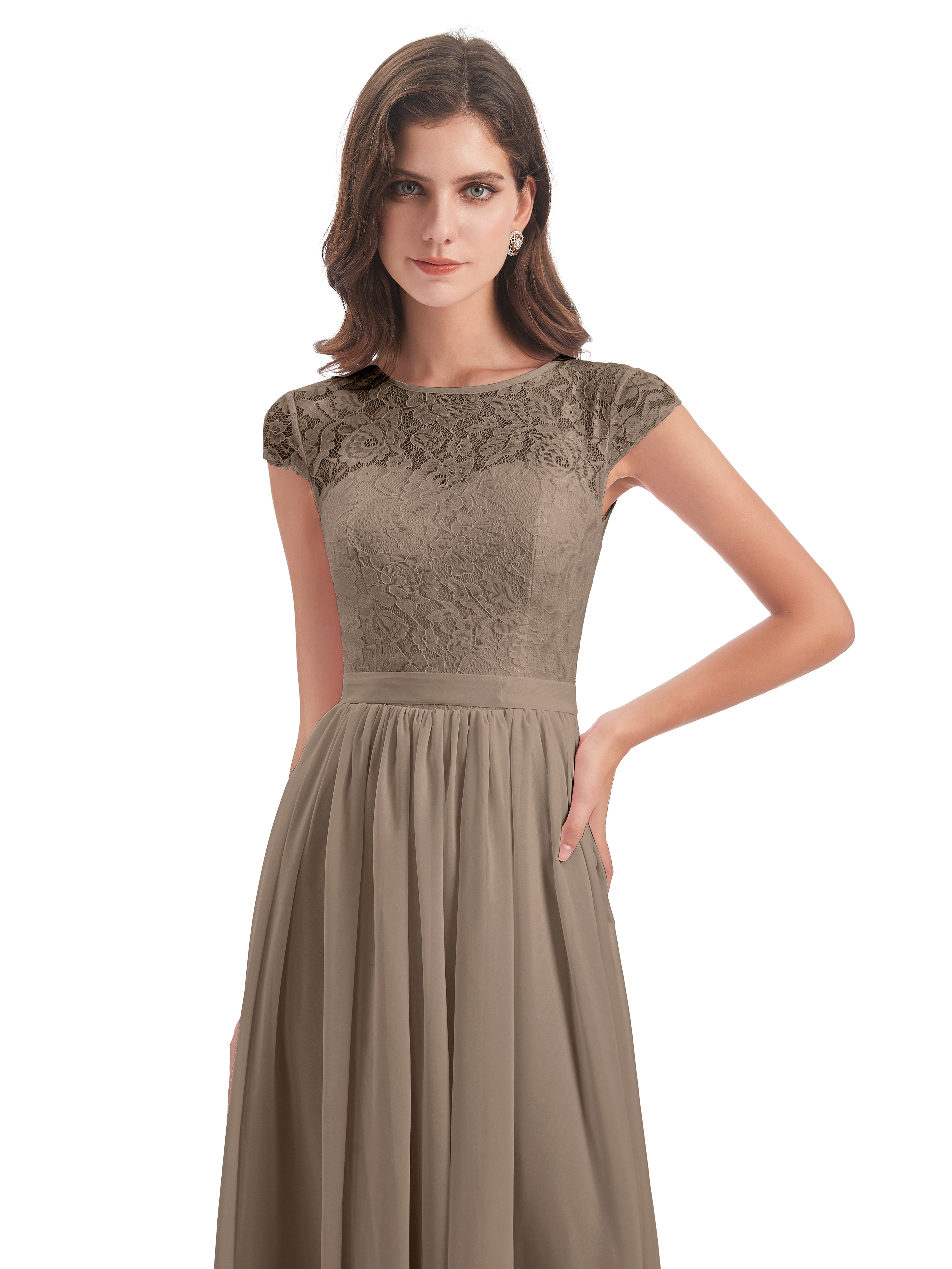 Robe Ceremonie Taupe Trapèze Mancherons Illusion Dentelle/Mousseline Robes Demoiselle D'Honneur