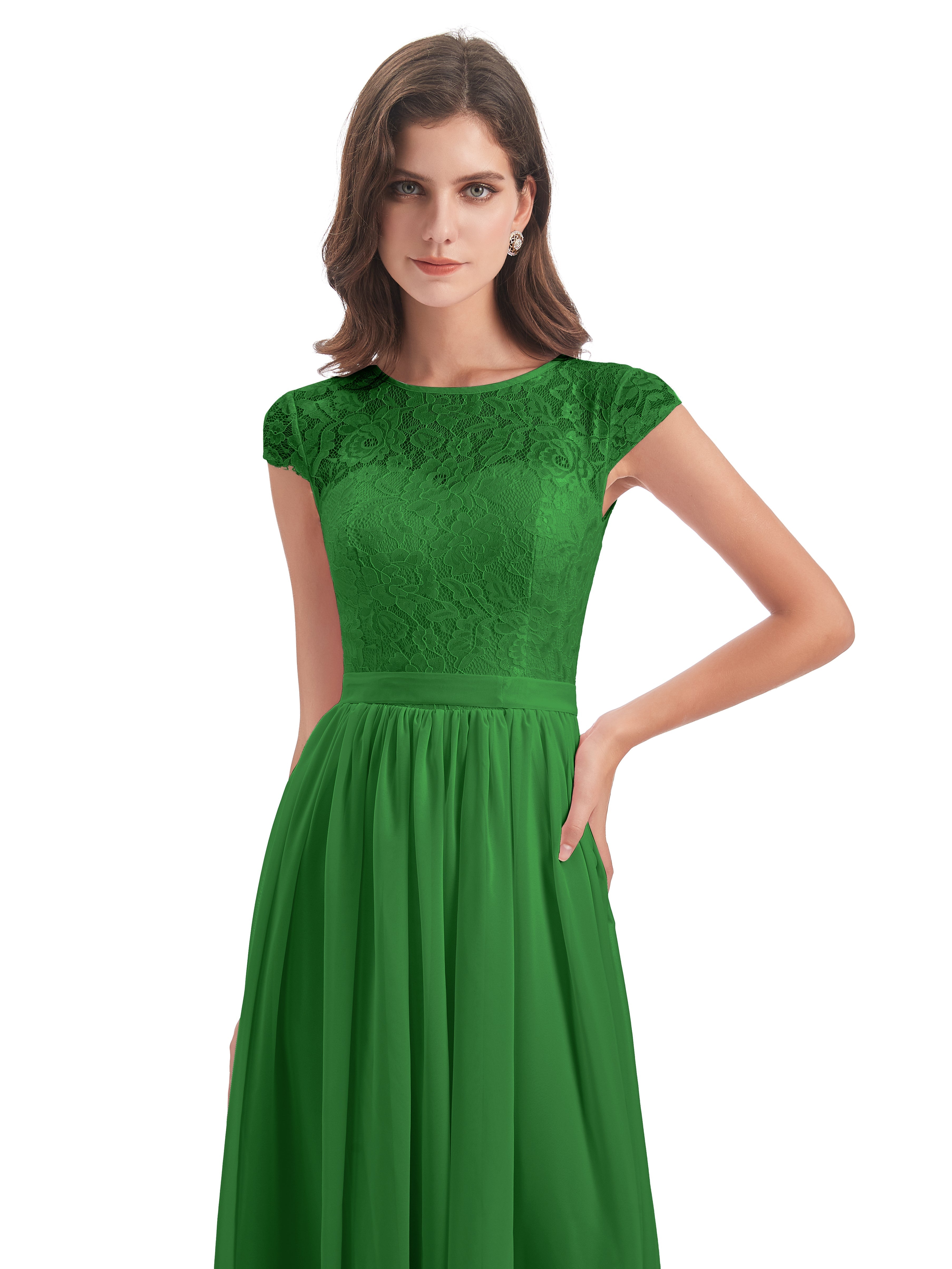 Robe Demoiselle D Honneur Vert Trapèze Mancherons Illusion Dentelle/Mousseline Robes Demoiselle D'Honneur