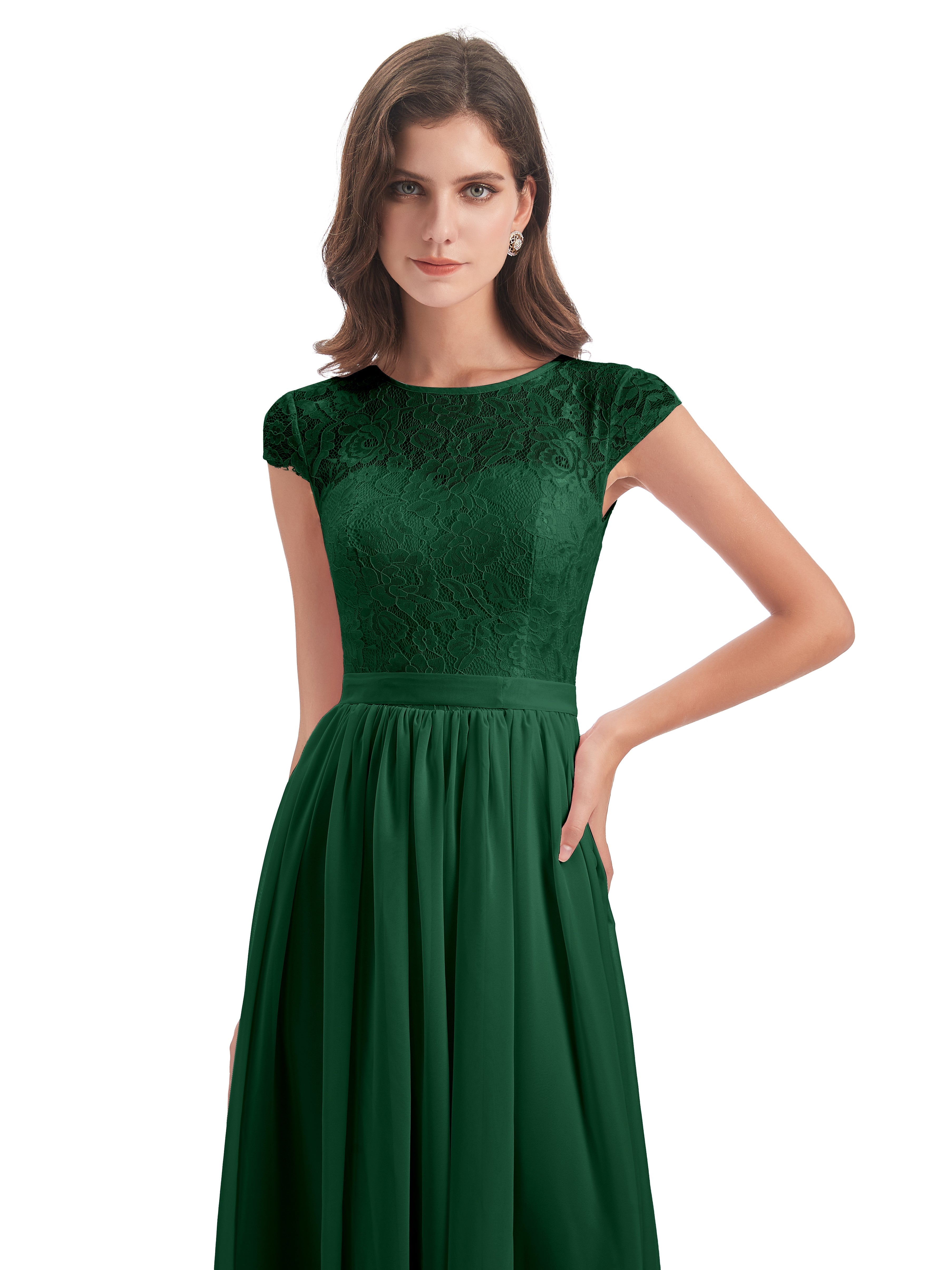 Demoiselle D'Honneur Vert Foncé Trapèze Mancherons Illusion Dentelle/Mousseline Robes Demoiselle D'Honneur