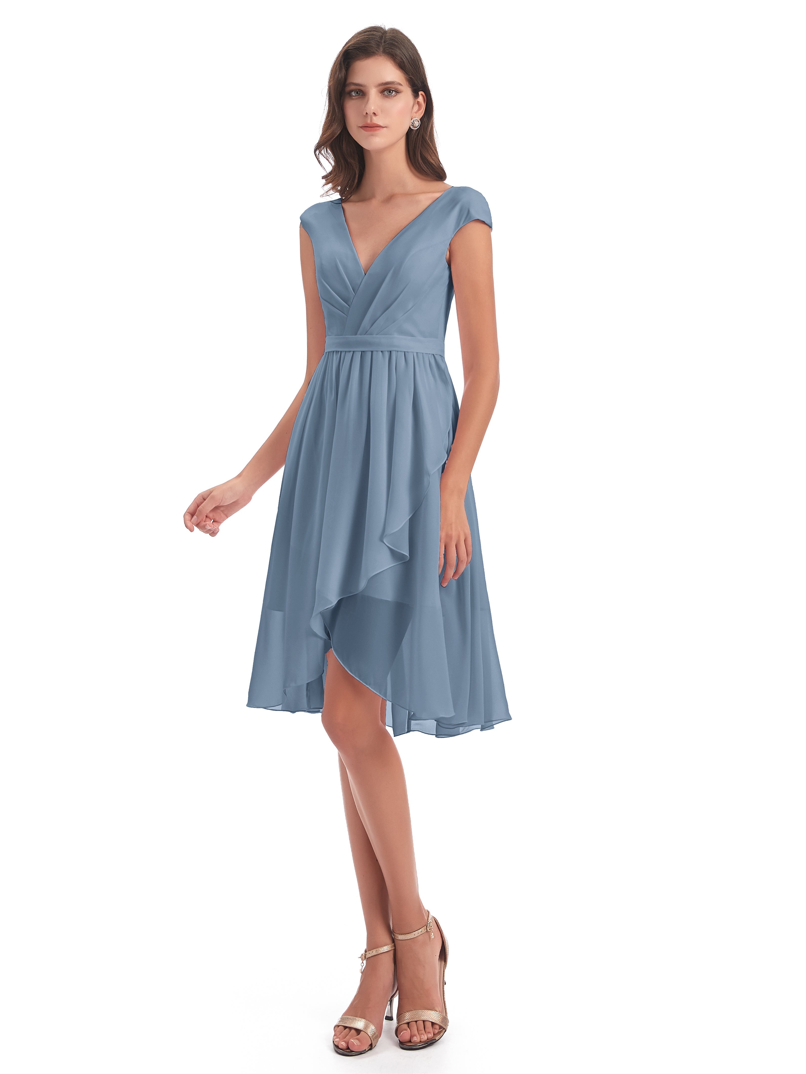 Robes De Demoiselle D'Honneur Bleu De Schiste Trapèze Longueur Genou Mancherons Robes Demoiselle D'Honneur