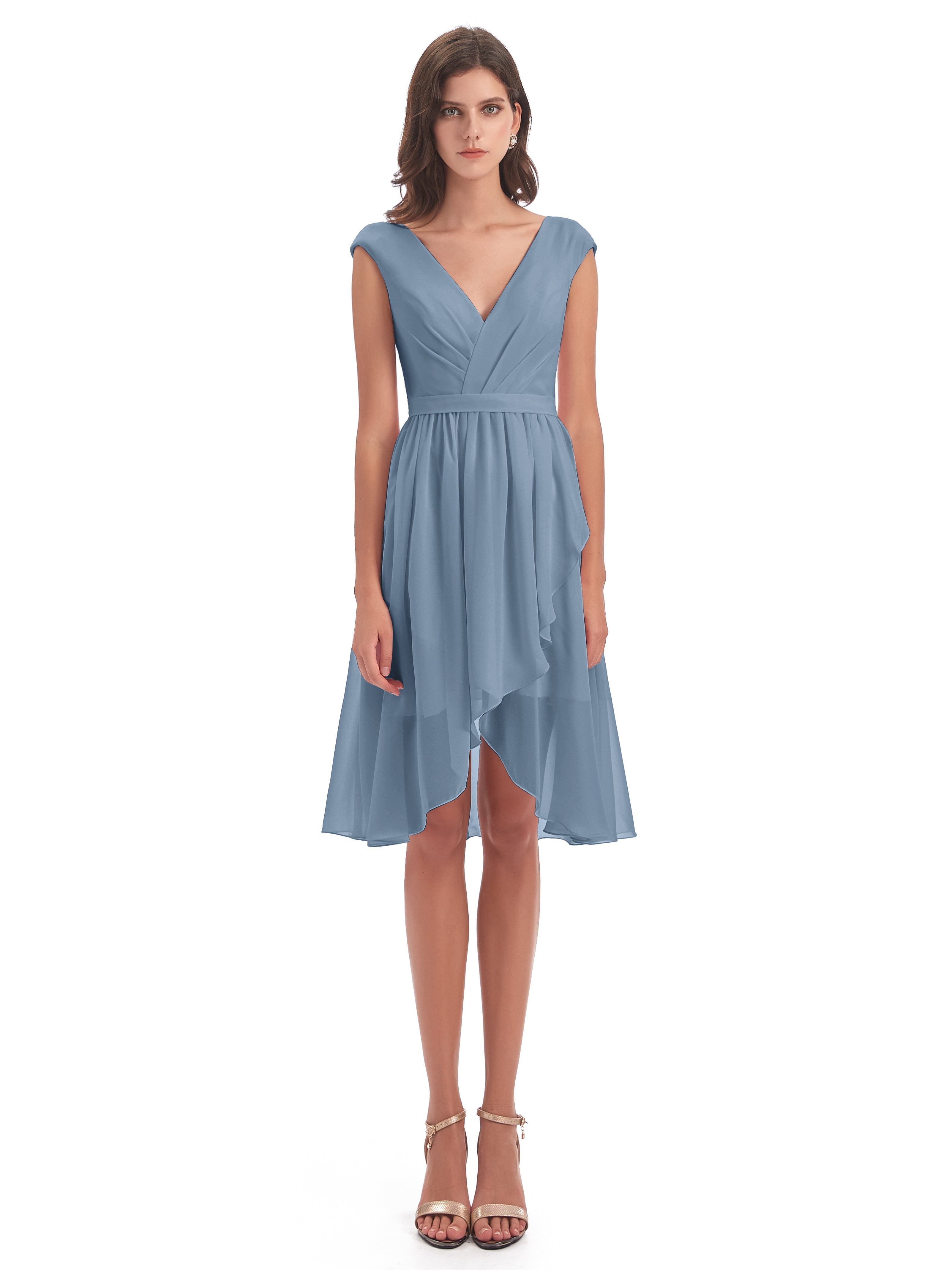 Robes De Demoiselle D'Honneur Bleu De Schiste Trapèze Longueur Genou Mancherons Robes Demoiselle D'Honneur