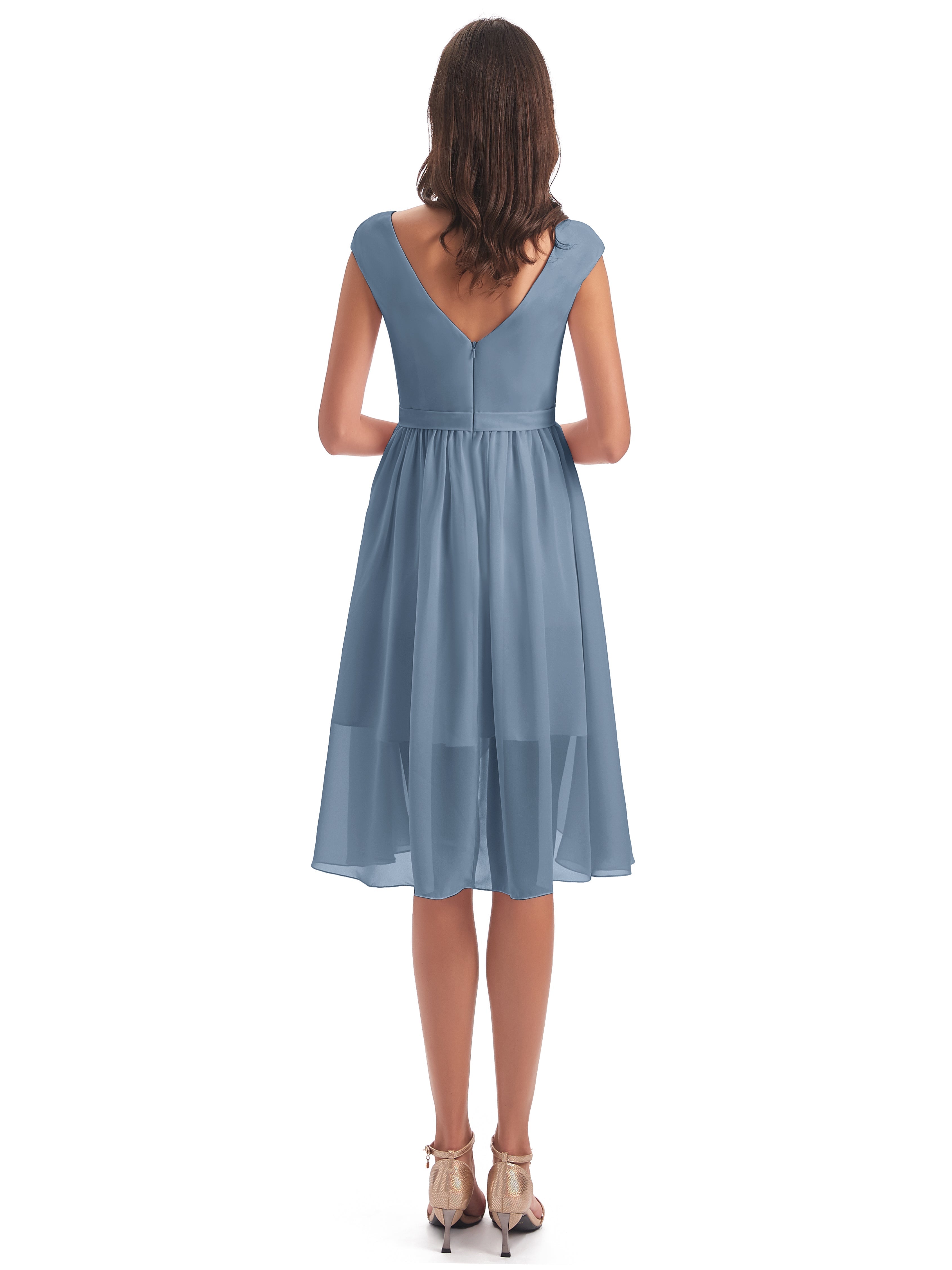 Robes De Demoiselle D'Honneur Bleu De Schiste Trapèze Longueur Genou Mancherons Robes Demoiselle D'Honneur