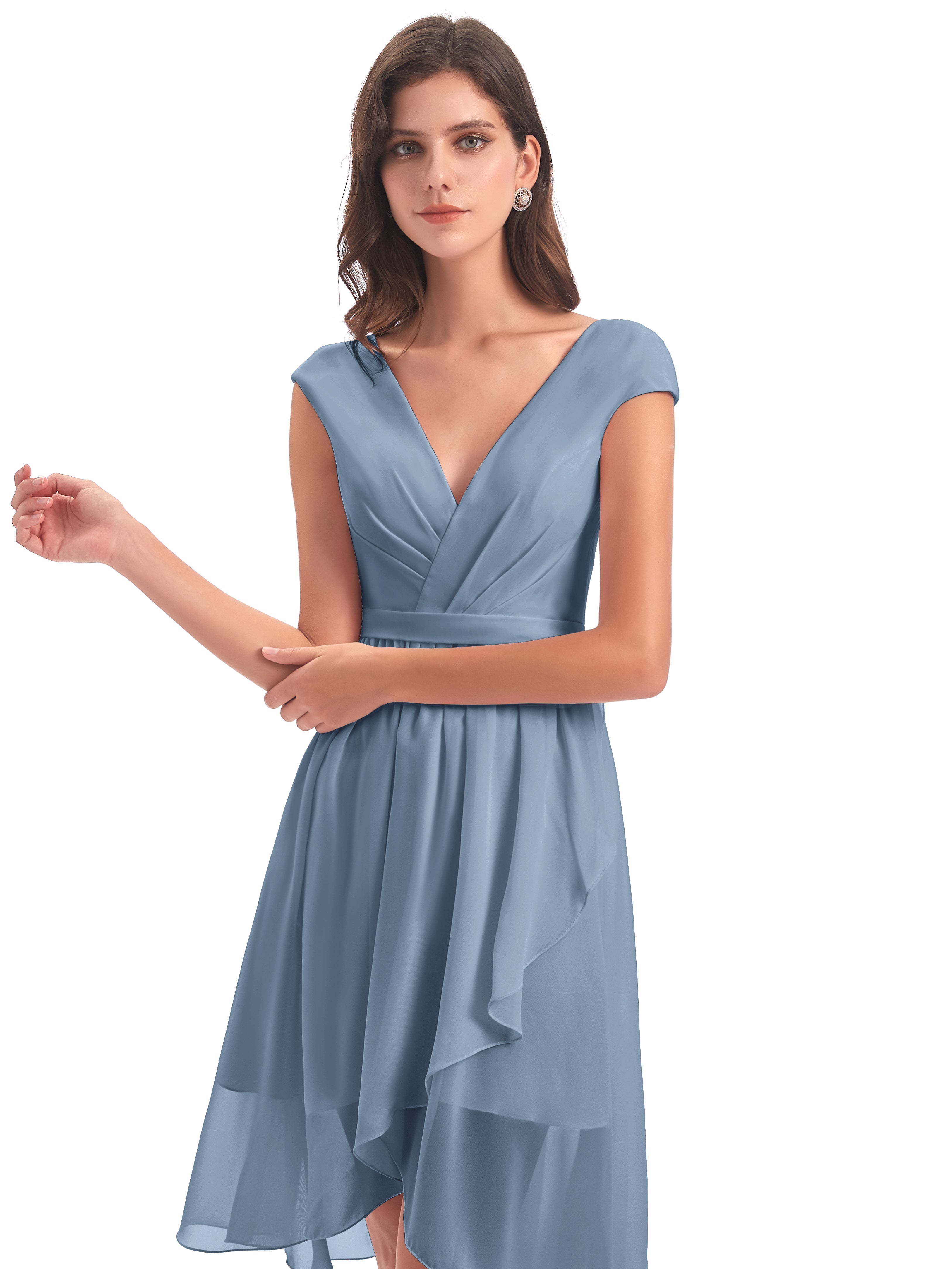 Robes De Demoiselle D'Honneur Bleu De Schiste Trapèze Longueur Genou Mancherons Robes Demoiselle D'Honneur