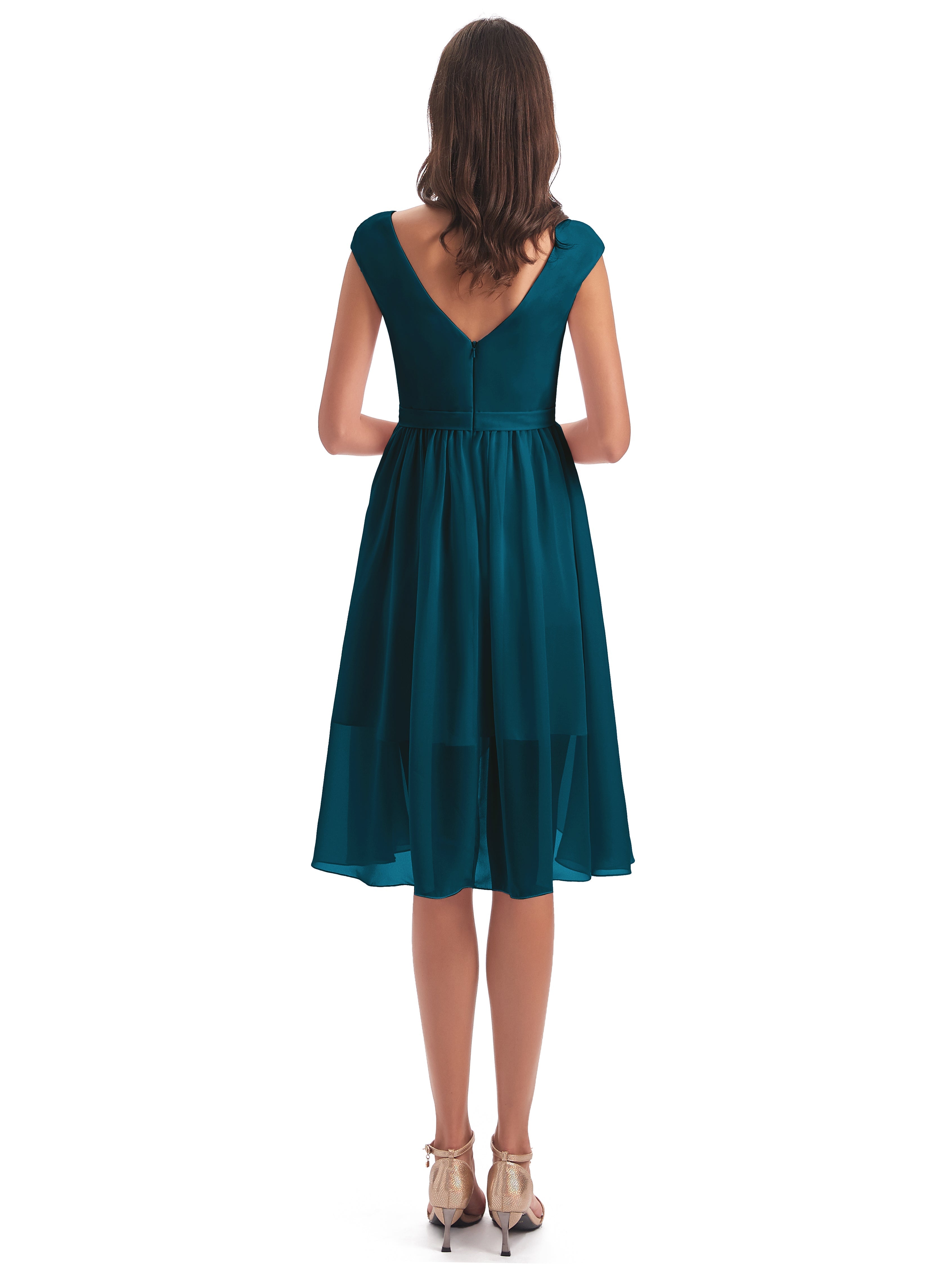 Robes De Demoiselle D'Honneur Bleu Encre Trapèze Longueur Genou Mancherons Robes Demoiselle D'Honneur