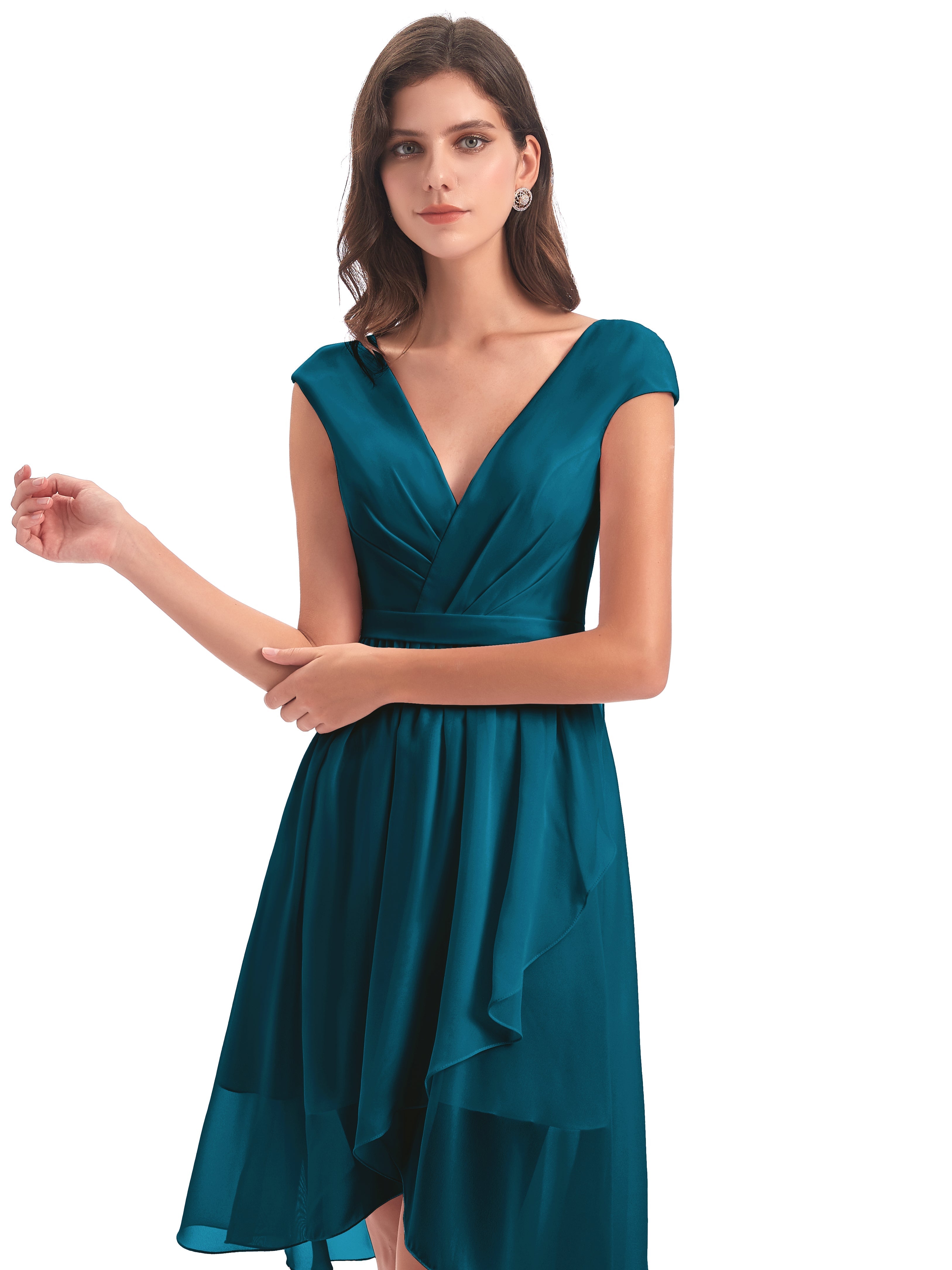 Robes De Demoiselle D'Honneur Bleu Encre Trapèze Longueur Genou Mancherons Robes Demoiselle D'Honneur