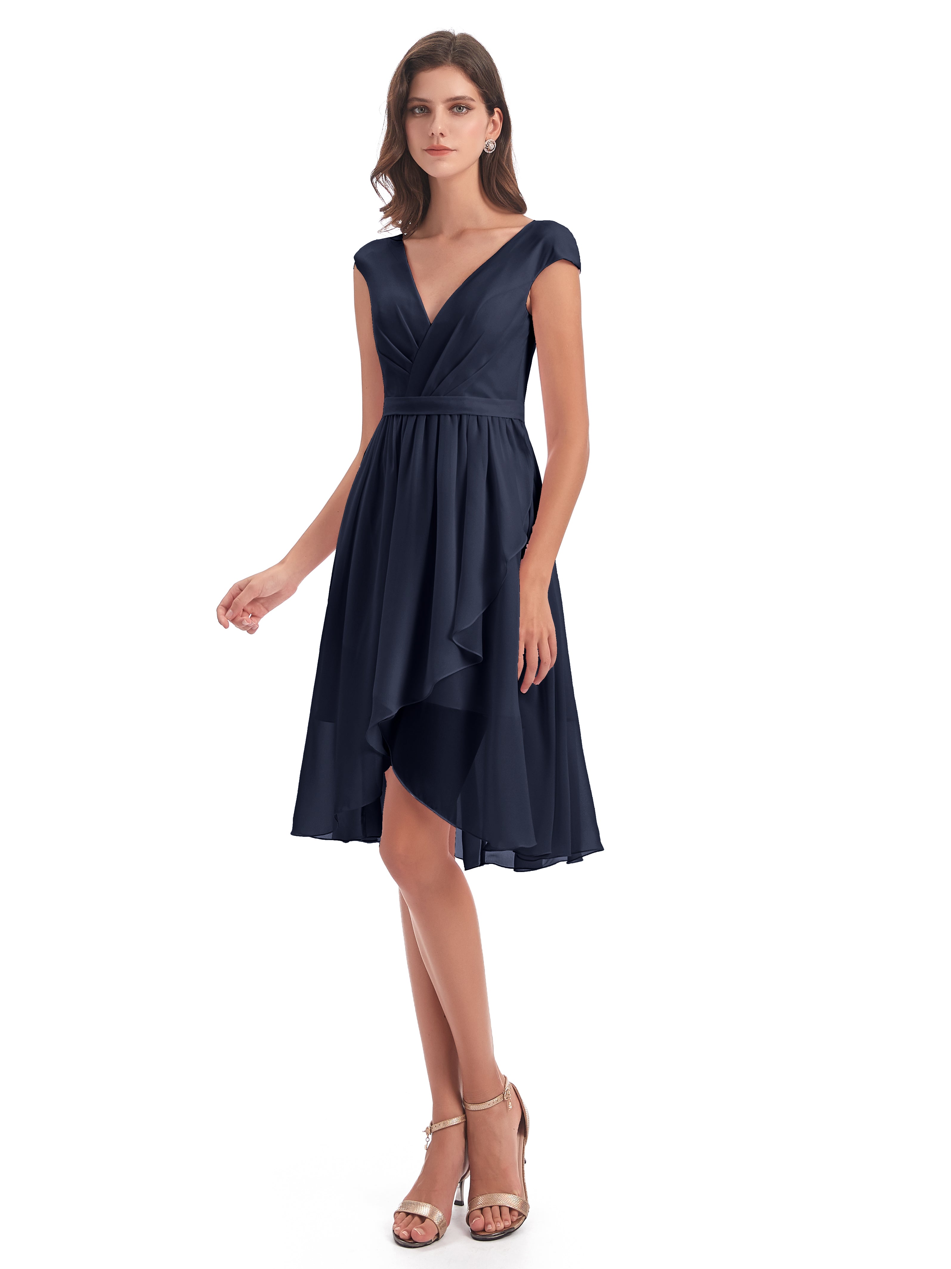 Robes De Demoiselle D'Honneur Bleu Marine Trapèze Longueur Genou Mancherons Robes Demoiselle D'Honneur