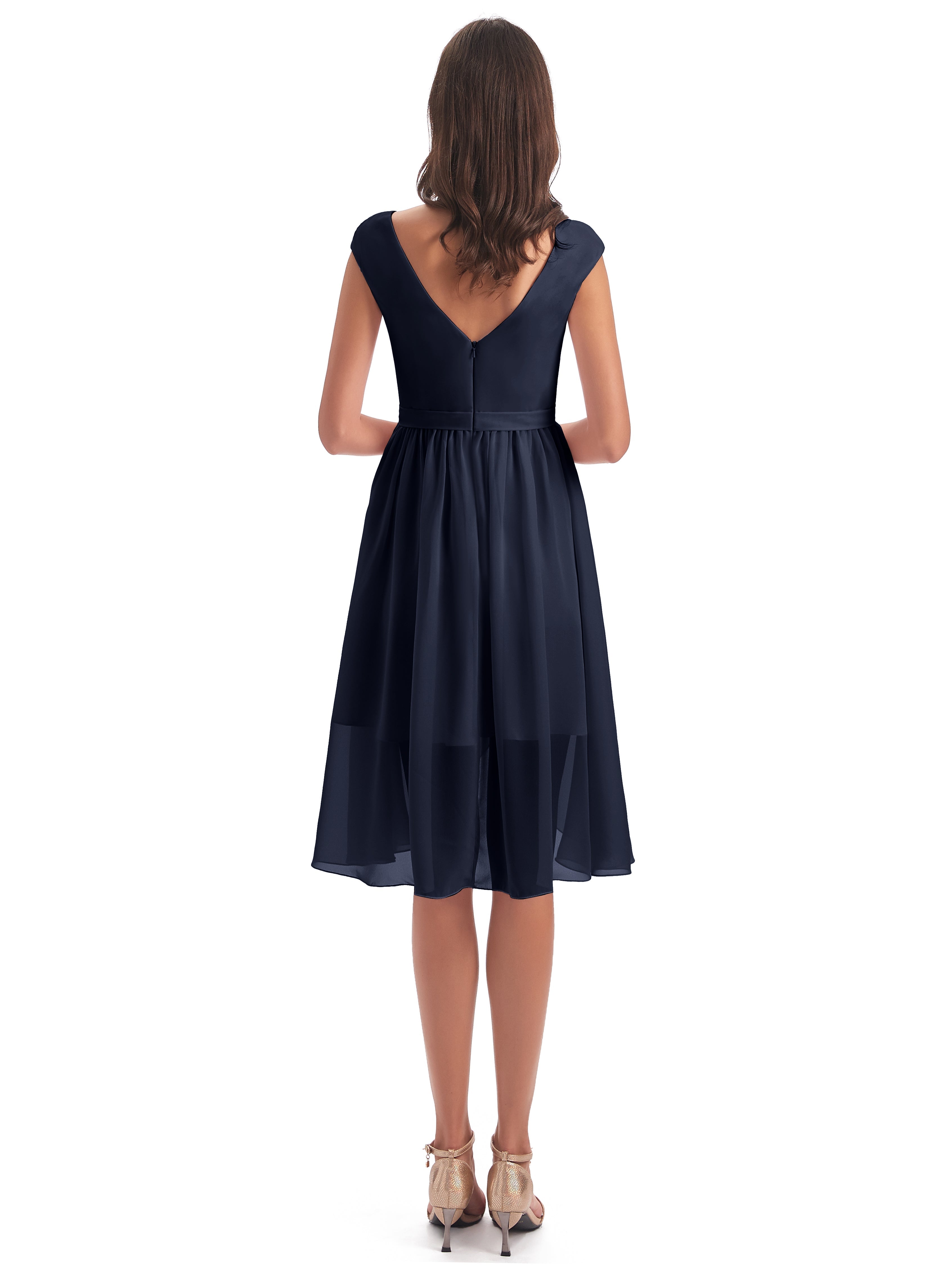 Robes De Demoiselle D'Honneur Bleu Marine Trapèze Longueur Genou Mancherons Robes Demoiselle D'Honneur