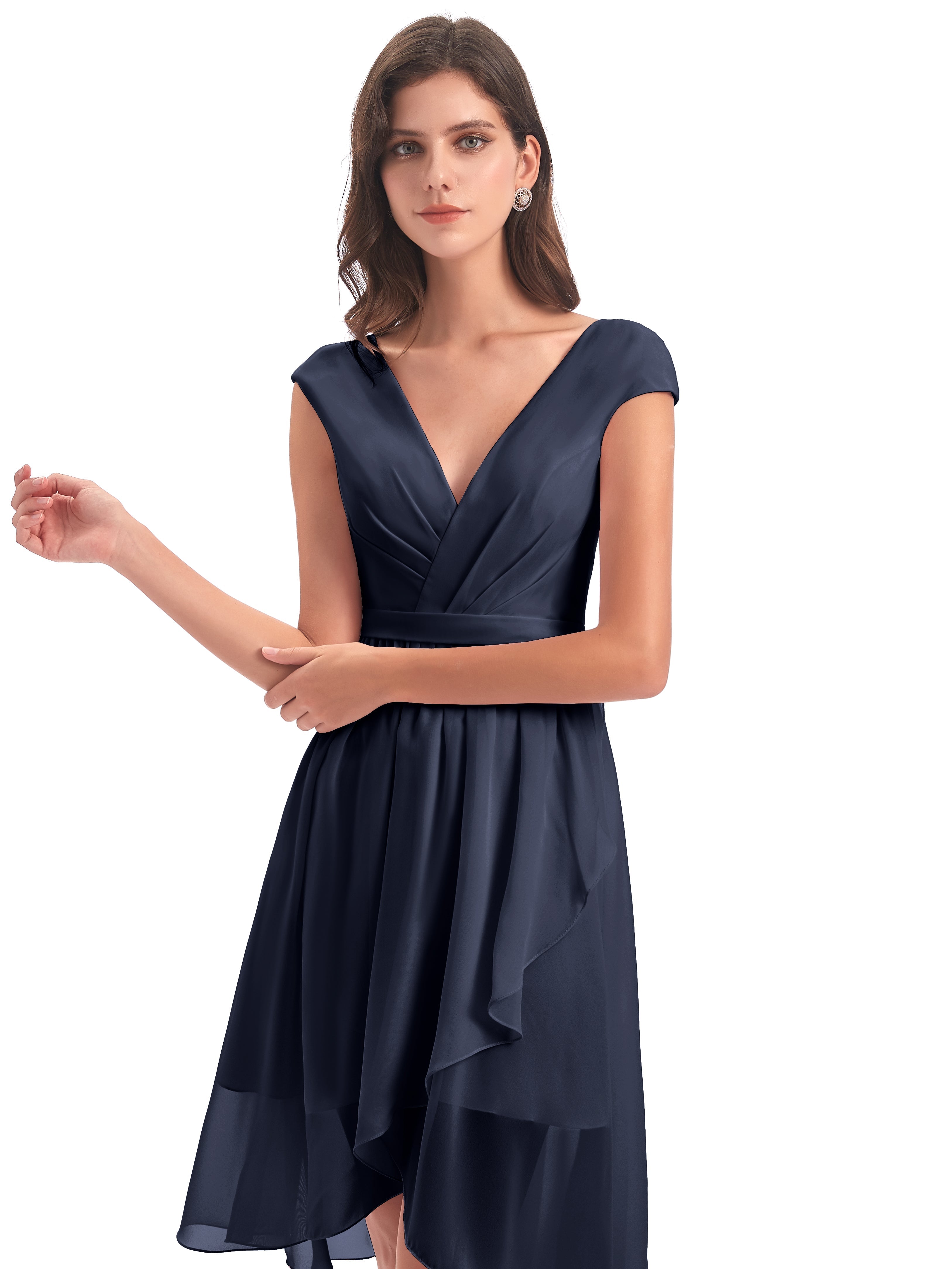 Robes De Demoiselle D'Honneur Bleu Marine Trapèze Longueur Genou Mancherons Robes Demoiselle D'Honneur