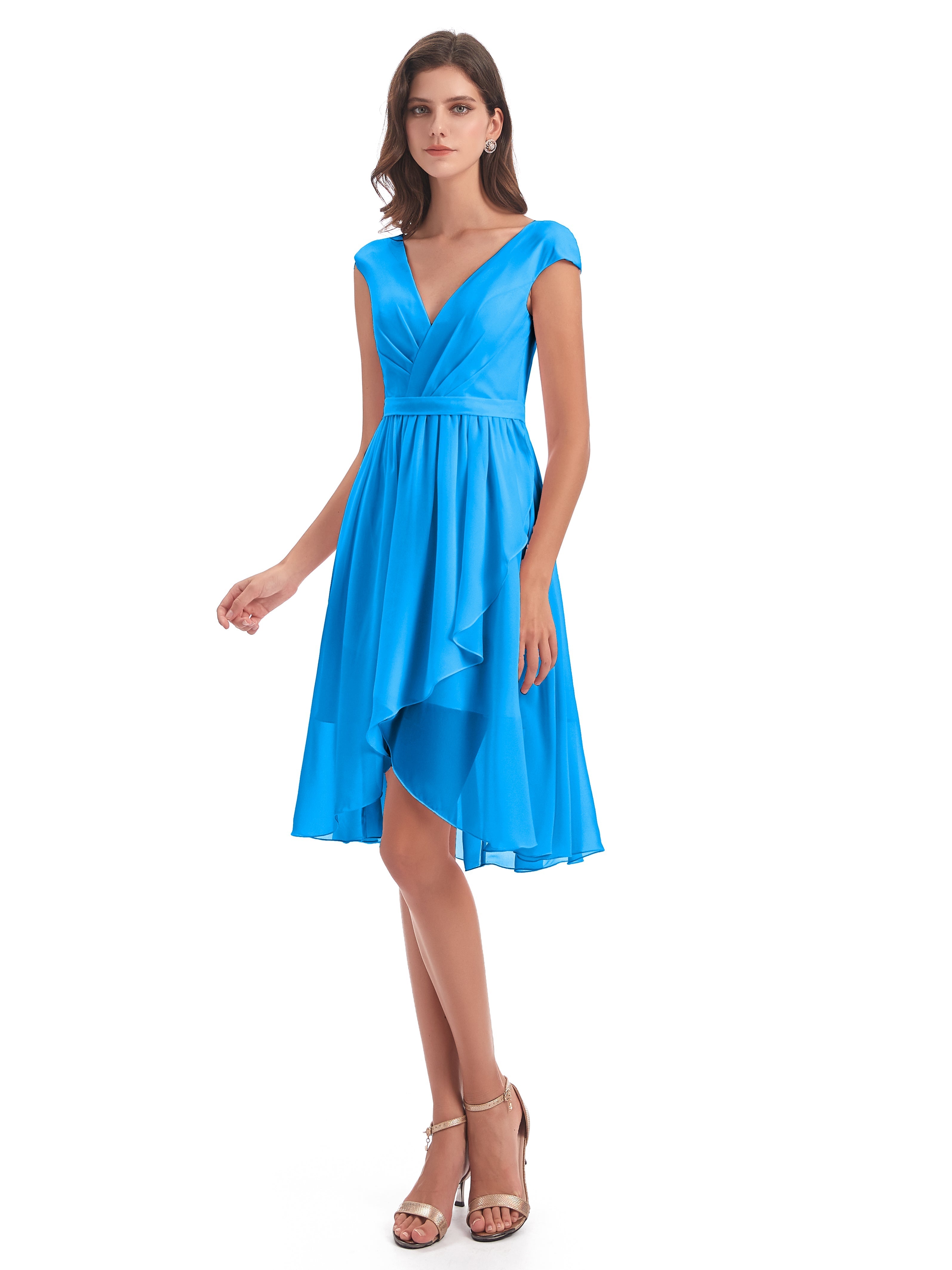 Robes De Demoiselle D'Honneur Bleu Océan Trapèze Longueur Genou Mancherons Robes Demoiselle D'Honneur